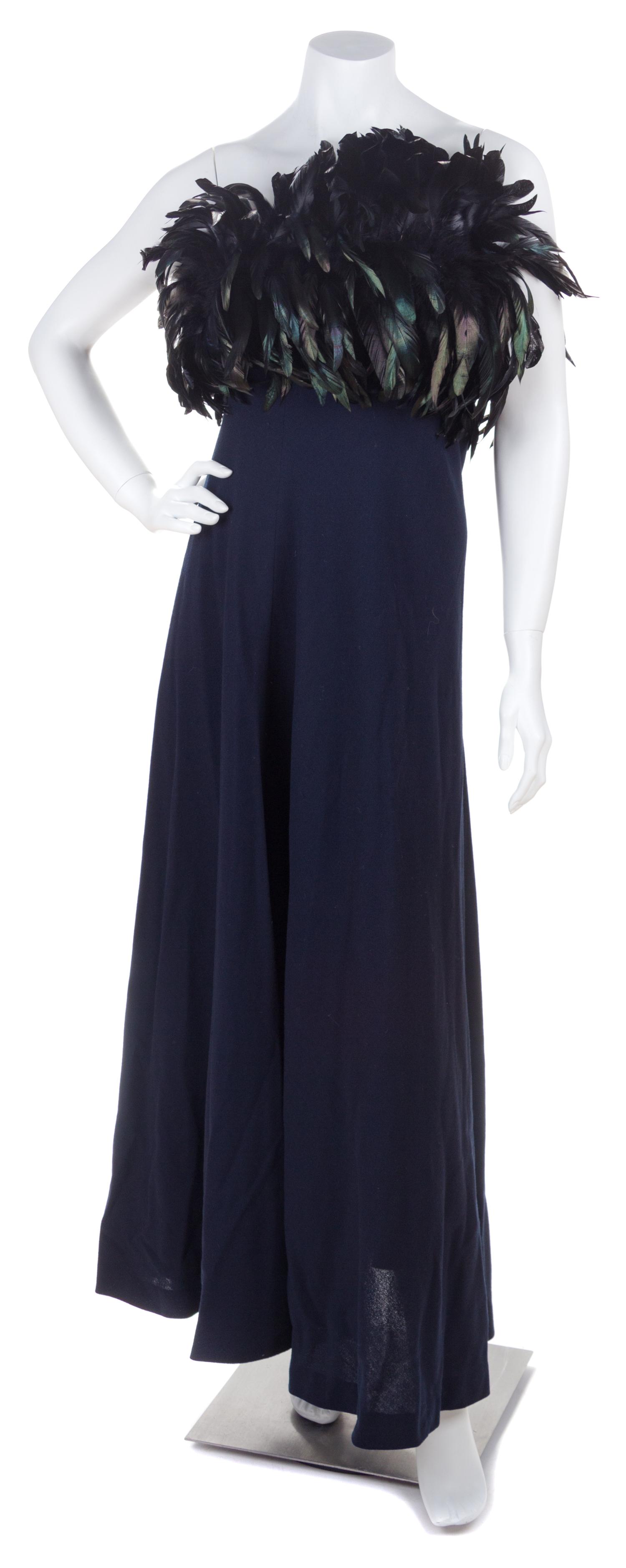 A Pauline Trigere Strapless Navy Feather Gown, No size.