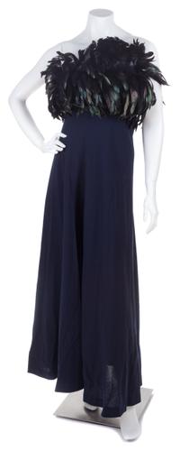 A Pauline Trigere Strapless Navy Feather Gown, No size.