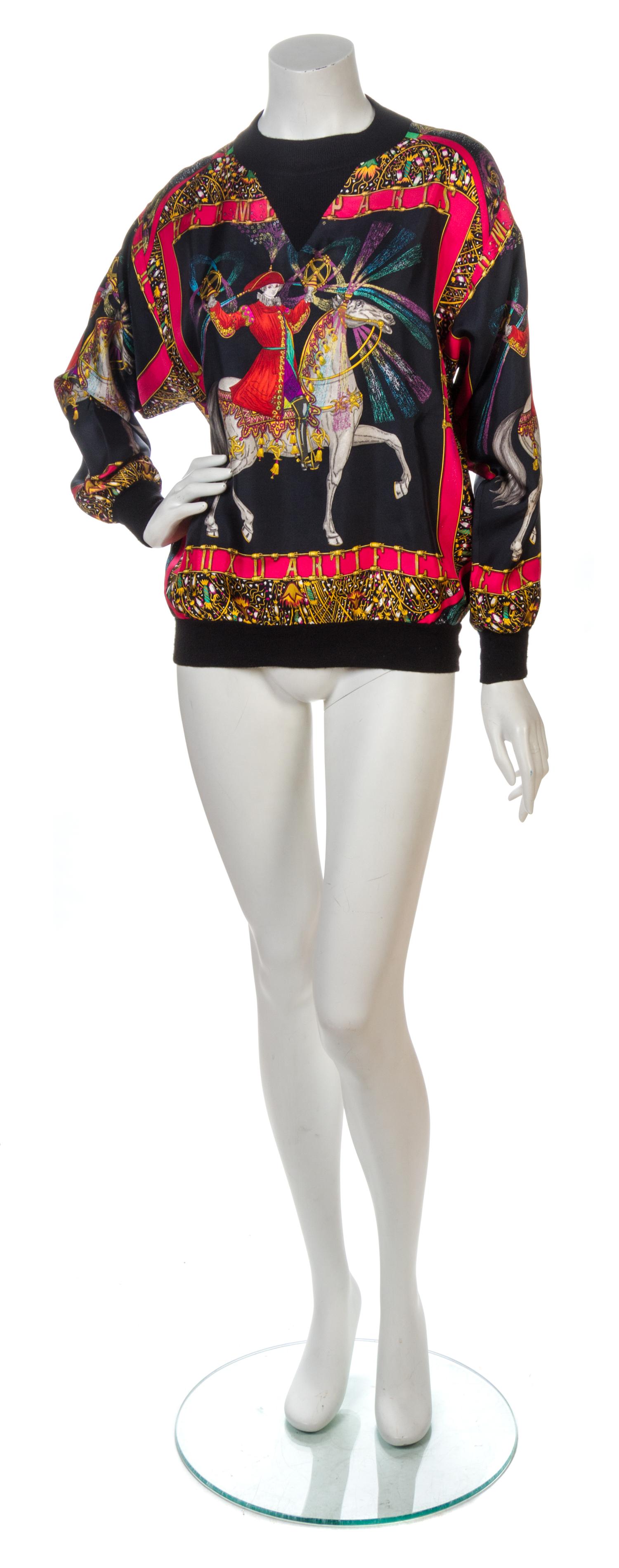 Two Rare Hermes Feux d'Artifice Print Silk Tops, Sizes 38 and 36.