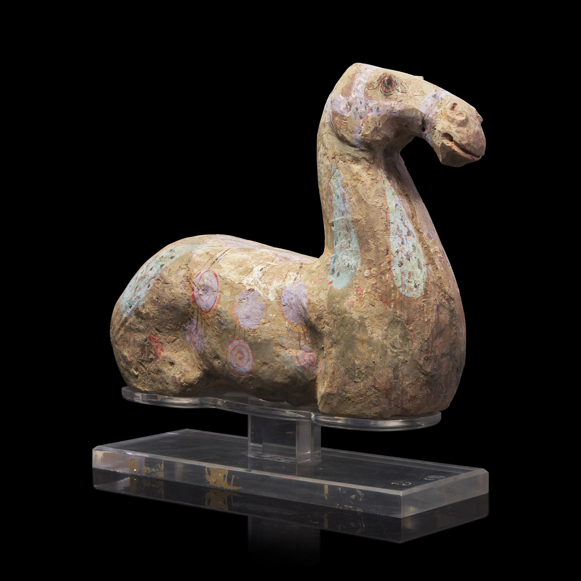A Chinese Painted Grey Pottery Figure of Recumbent Horse, Han Dynasty 漢 彩繪灰陶馬
