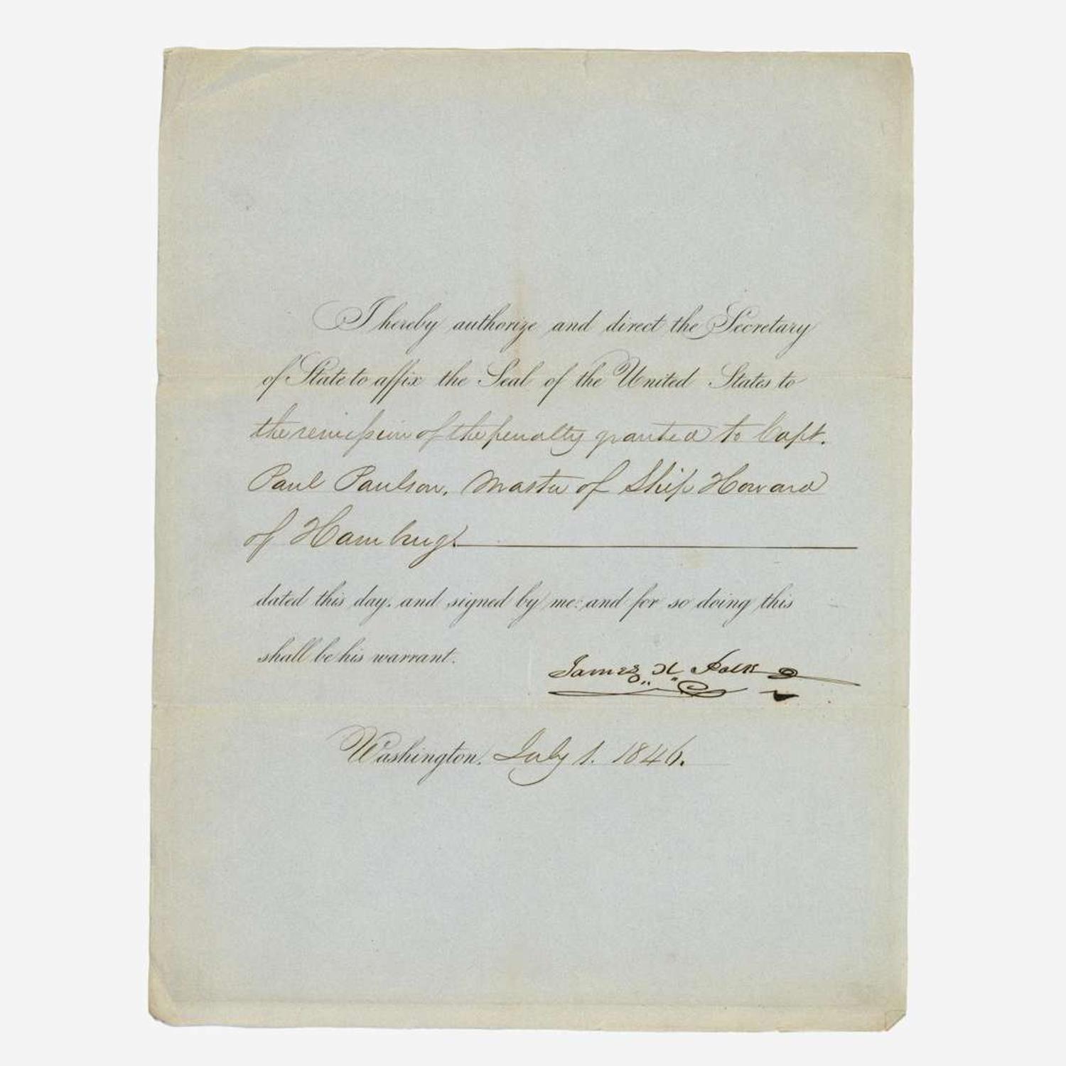[Presidential] Polk, James K. Partially-Printed Document, signed