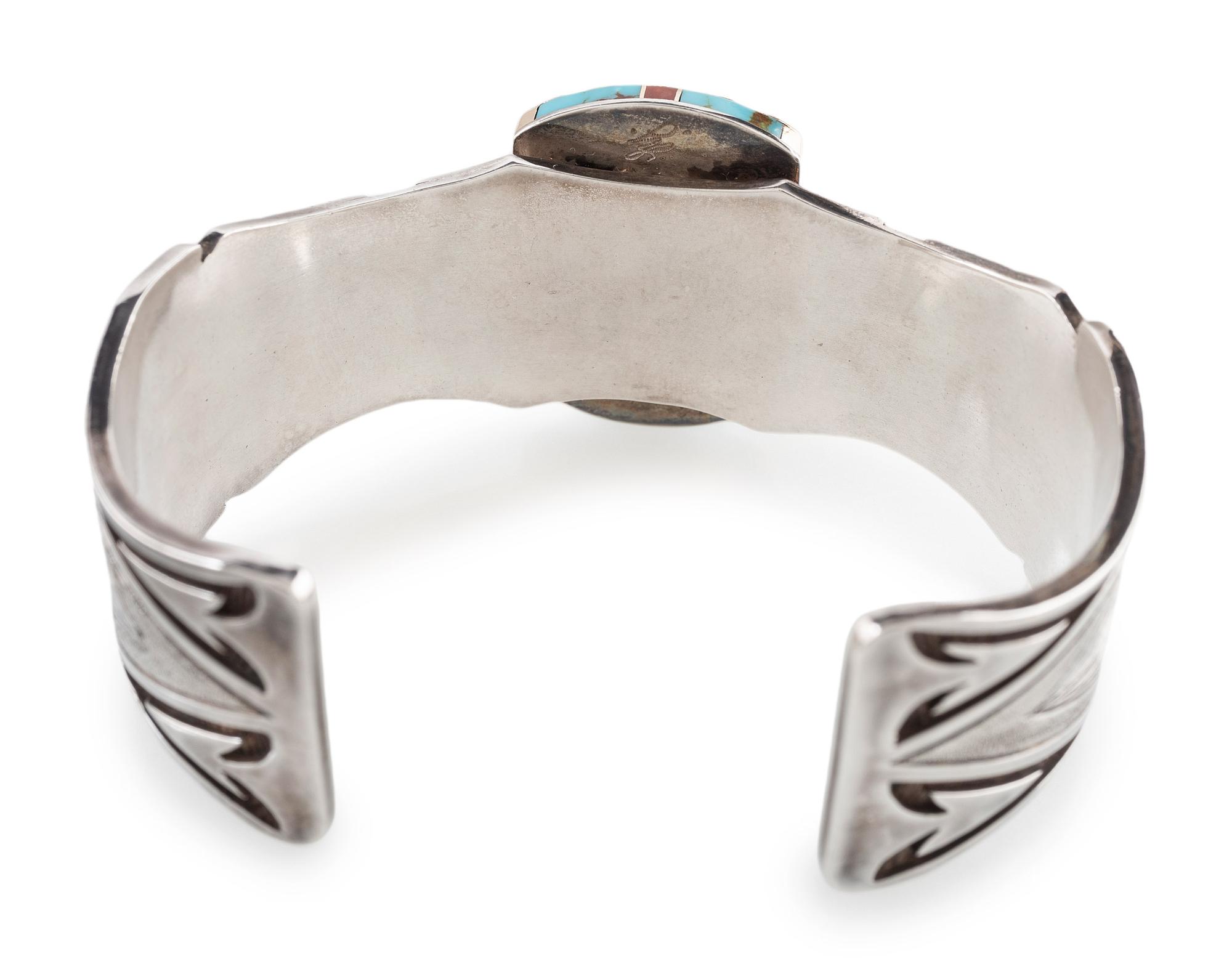 Sterling Silver Cuff Bracelet, with 14K Gold Accents, set with Turquoise and Coral