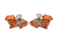 A Pair of Chinese Famille Rose Porcelain 'Foo Dog' Joss Stick Holders