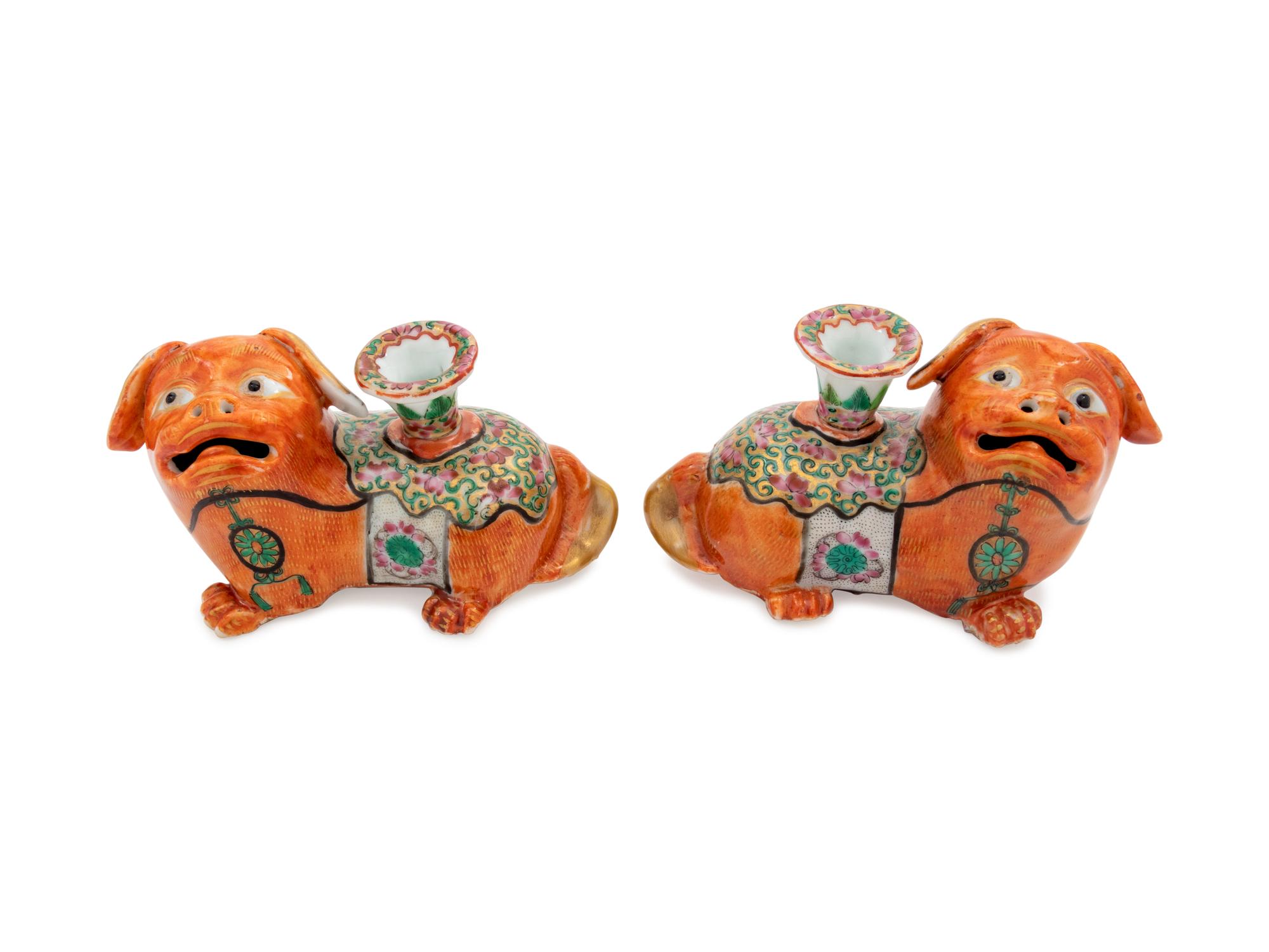 A Pair of Chinese Famille Rose Porcelain 'Foo Dog' Joss Stick Holders
