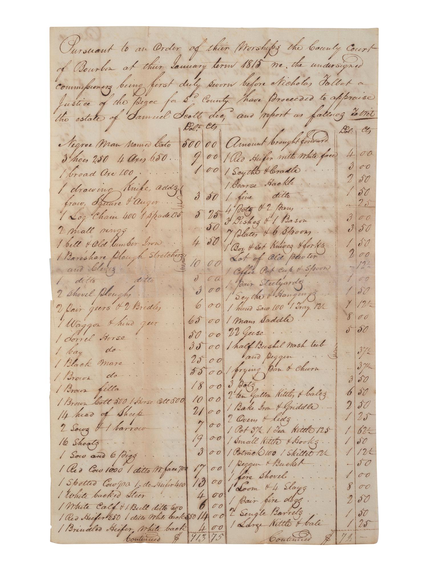[ENSLAVEMENT & ABOLITION]. A group of 6 estate documents listing individual enslaved persons, most by name. Bourbon County, KY, 1815-1829.