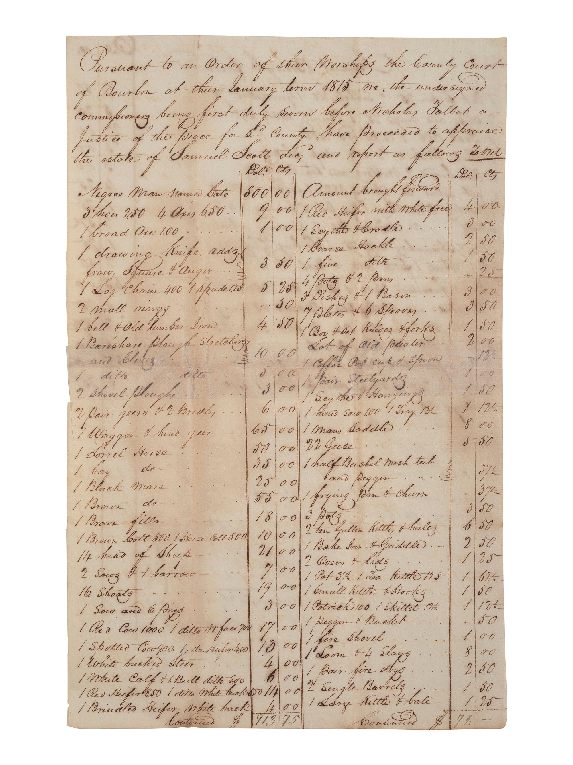 [ENSLAVEMENT & ABOLITION]. A group of 6 estate documents listing individual enslaved persons, most by name. Bourbon County, KY, 1815-1829.