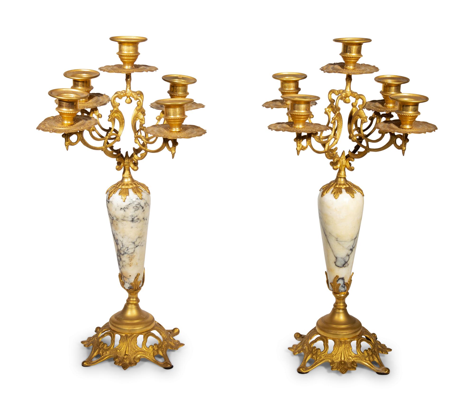 A Pair of Continental Gilt Bronze and Marble Five-Light Candelabra