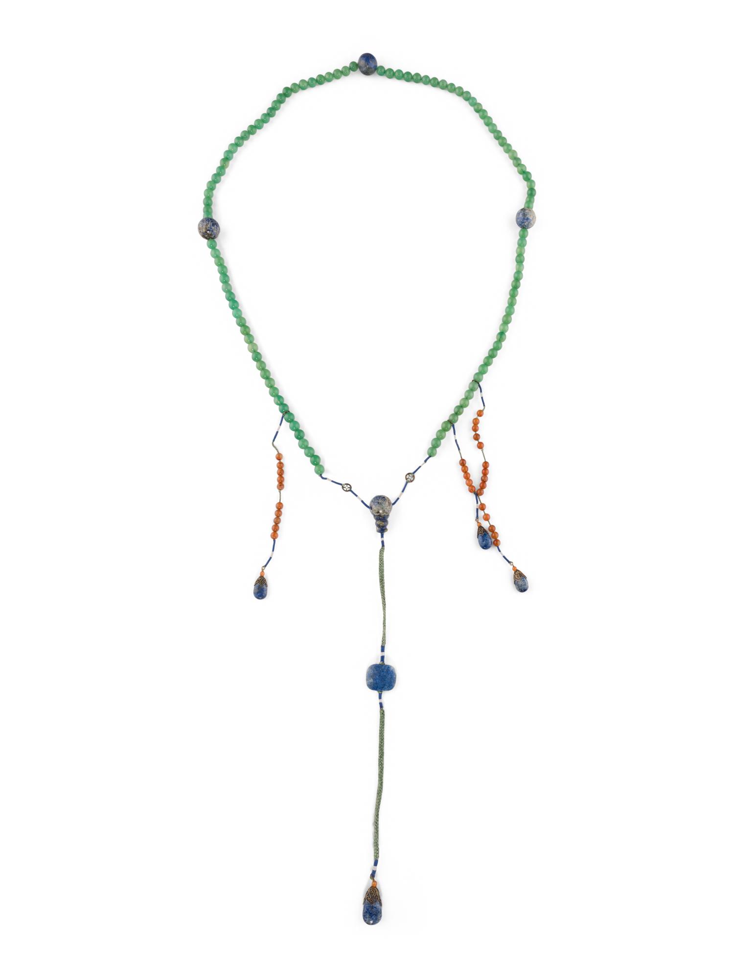 A Chinese Lapis Lazuli, Agate and Green Hardstone Court Necklace