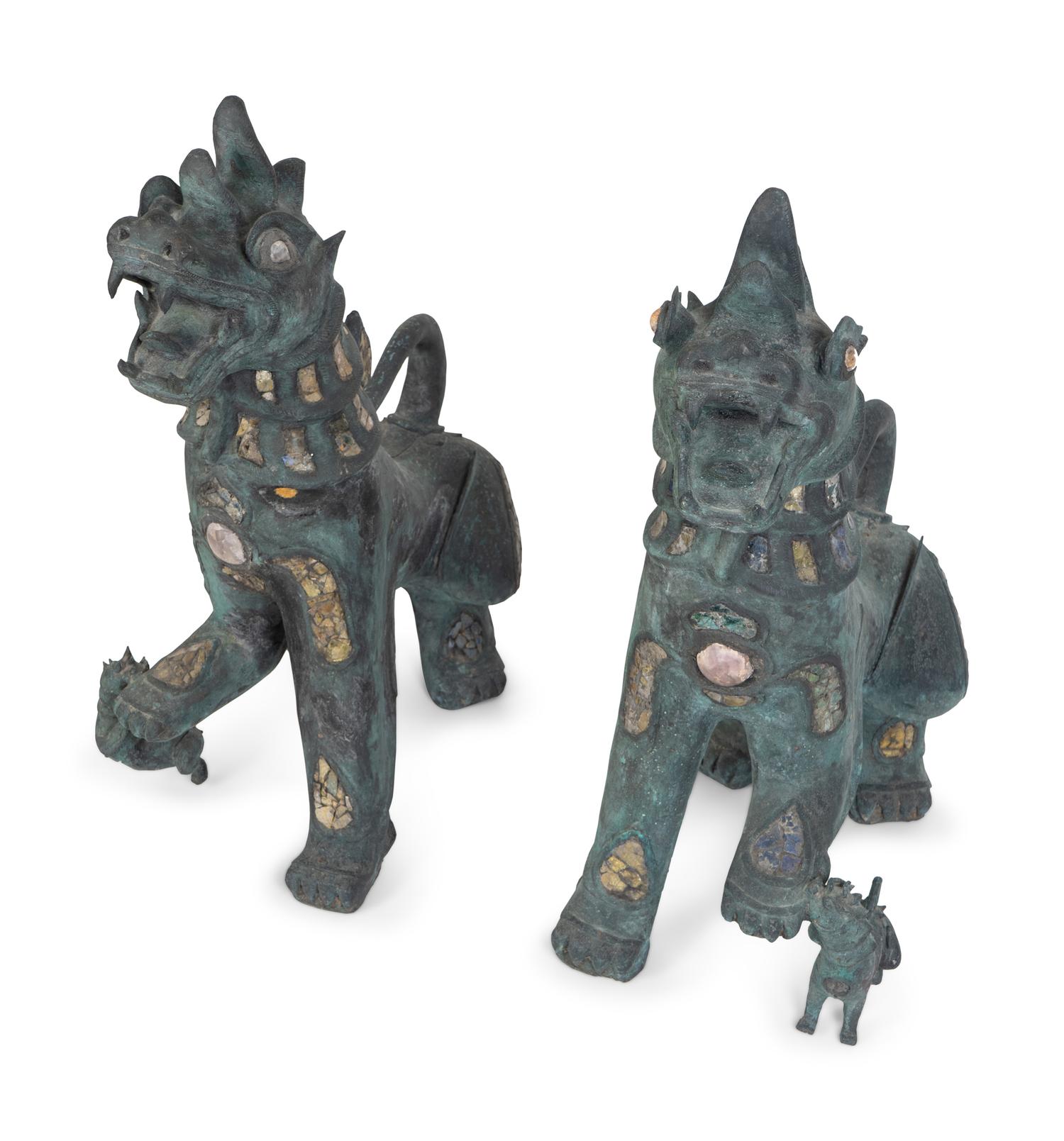 A Pair of Chinese Stone-Inset Bronze Fu-Lions — 20TH CENTURY