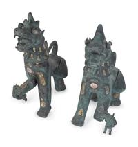 A Pair of Chinese Stone-Inset Bronze Fu-Lions — 20TH CENTURY