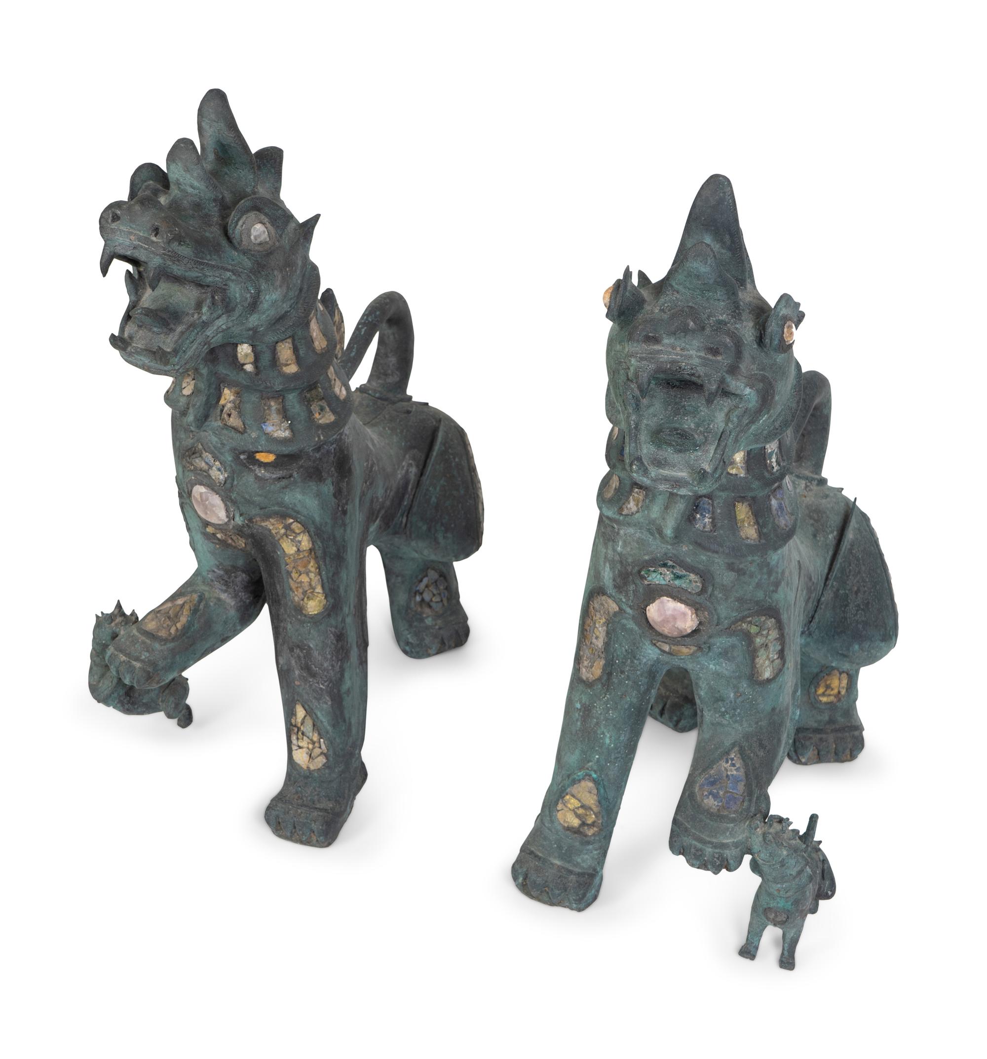 A Pair of Chinese Stone-Inset Bronze Fu-Lions — 20TH CENTURY
