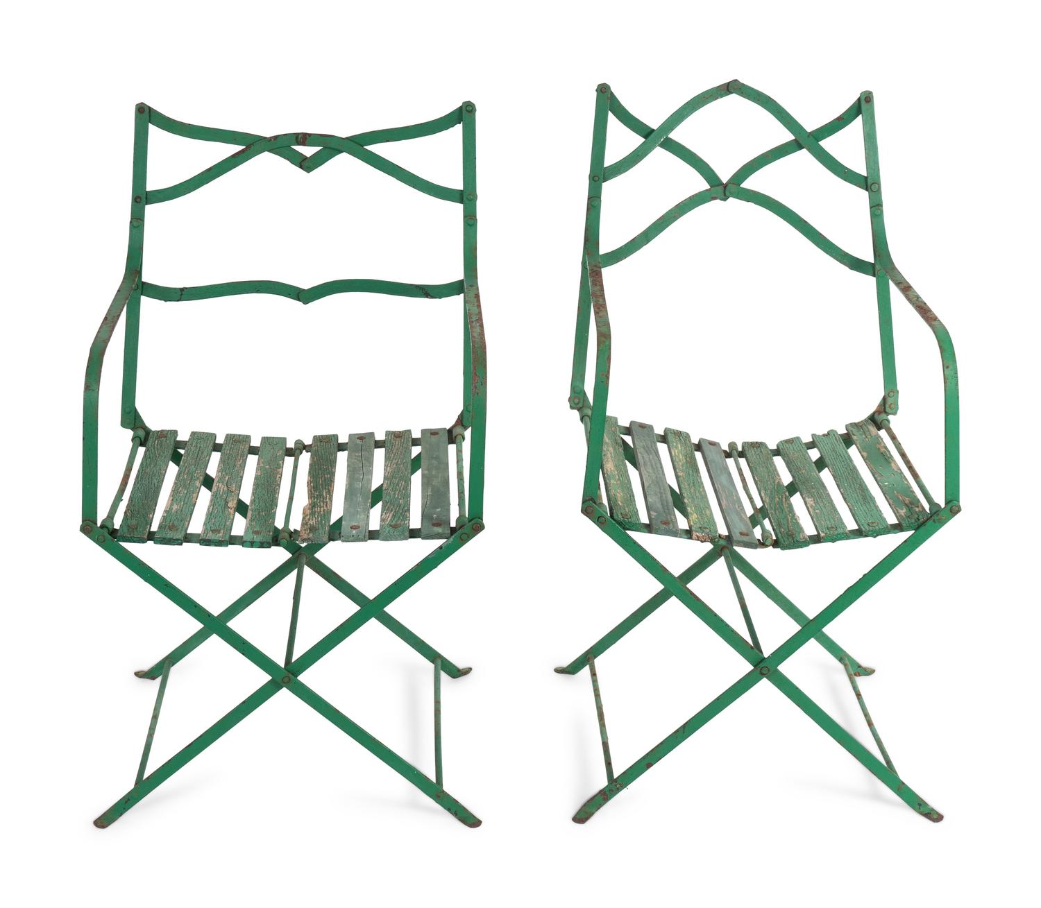 A Set of Four Green Painted Wrought Iron Folding Chairs and Two Folding Metal Armchairs — 20TH CENTURY
