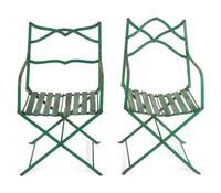 A Set of Four Green Painted Wrought Iron Folding Chairs and Two Folding Metal Armchairs — 20TH CENTURY