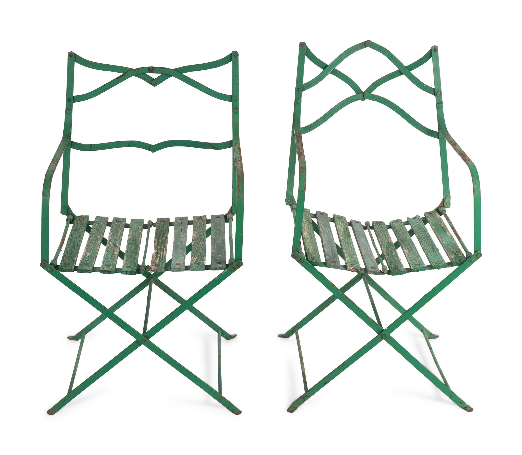 A Set of Four Green Painted Wrought Iron Folding Chairs and Two Folding Metal Armchairs — 20TH CENTURY