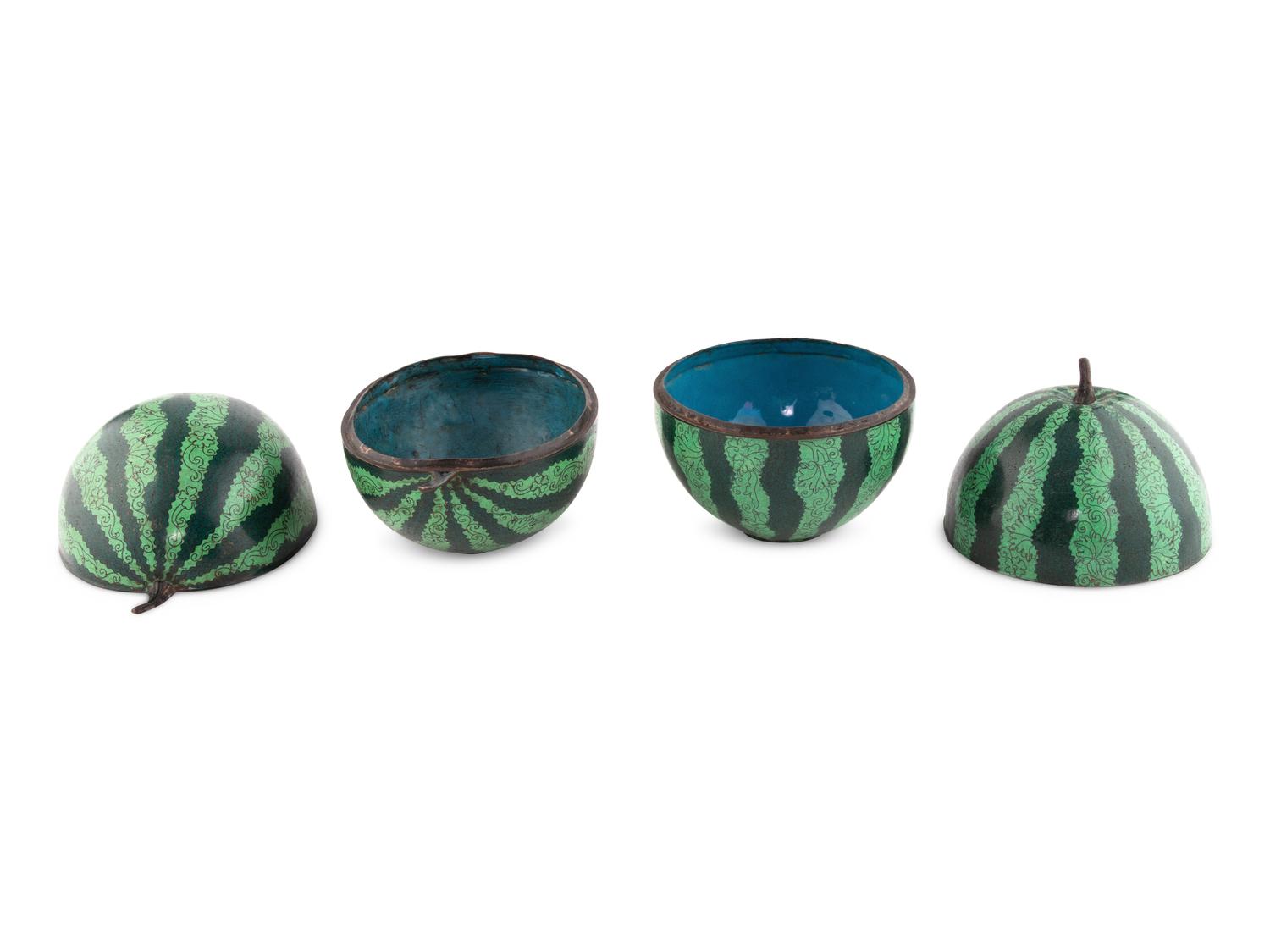 A Pair of Cloisonné Watermelon Form Containers
