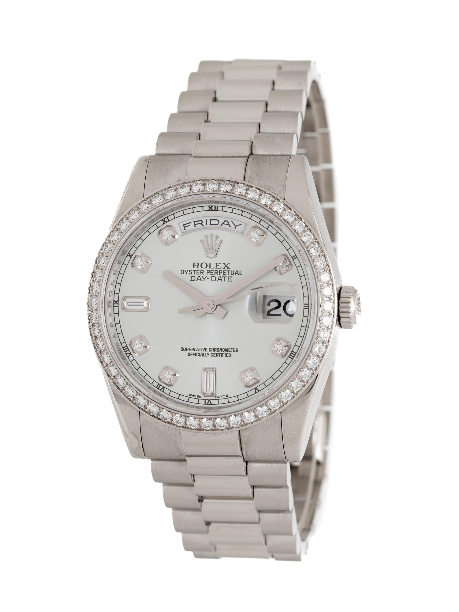 ROLEX, REF. 118206 PLATINUM 'DAY-DATE' WATCH WITH ROLEX FACTORY DIAMOND BEZEL AND FACTORY DIAMOND DIAL, BOX & PAPERS