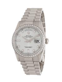 ROLEX, REF. 118206 PLATINUM 'DAY-DATE' WATCH WITH ROLEX FACTORY DIAMOND BEZEL AND FACTORY DIAMOND DIAL, BOX & PAPERS