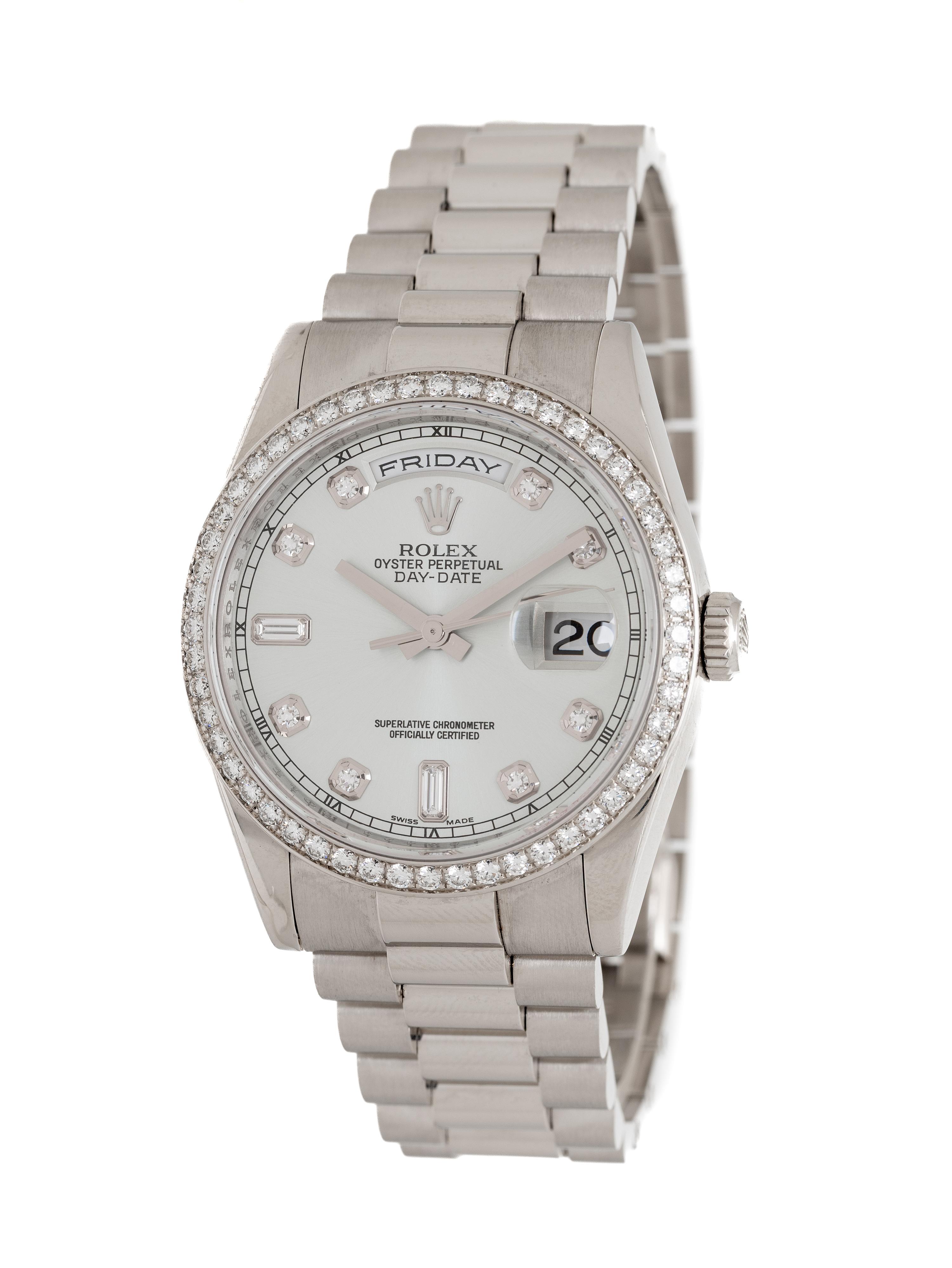 ROLEX, REF. 118206 PLATINUM 'DAY-DATE' WATCH WITH ROLEX FACTORY DIAMOND BEZEL AND FACTORY DIAMOND DIAL, BOX & PAPERS