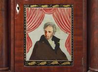 A Classical mahogany and mahogany veneer mantel clock with Andrew Jackson eglomise panel, bears printed paper label of Rodney Brace, North Bridgewater, MA, dated "1834"
