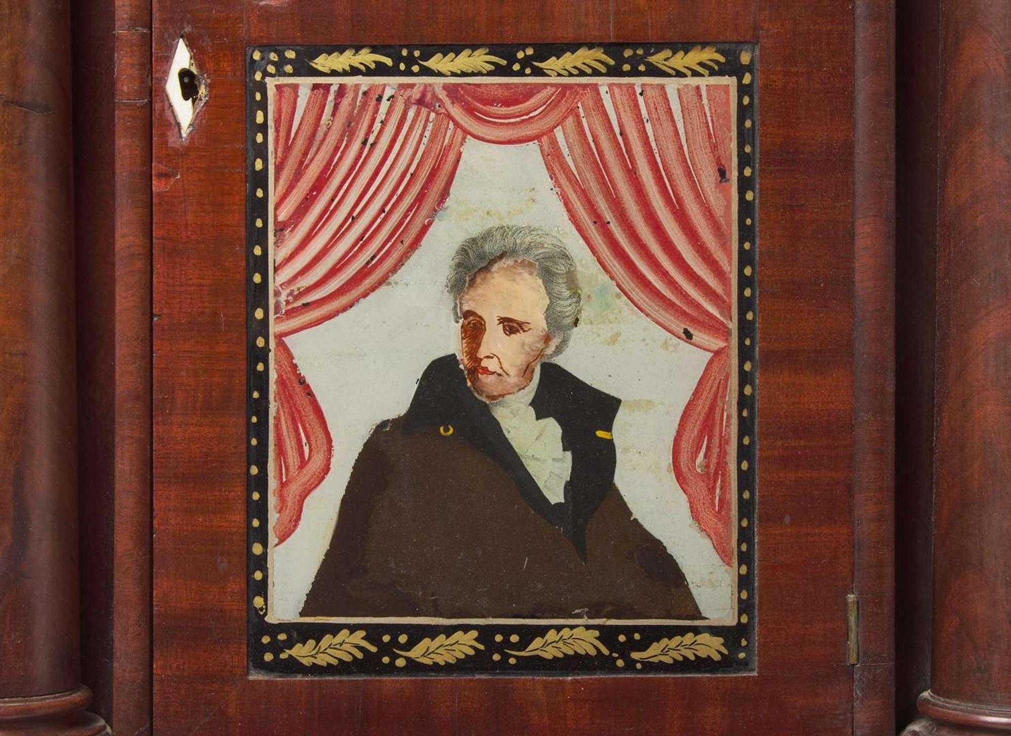 A Classical mahogany and mahogany veneer mantel clock with Andrew Jackson eglomise panel, bears printed paper label of Rodney Brace, North Bridgewater, MA, dated "1834"