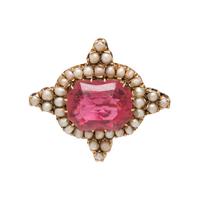 ANTIQUE, PINK TOURMALINE AND SEED PEARL BROOCH