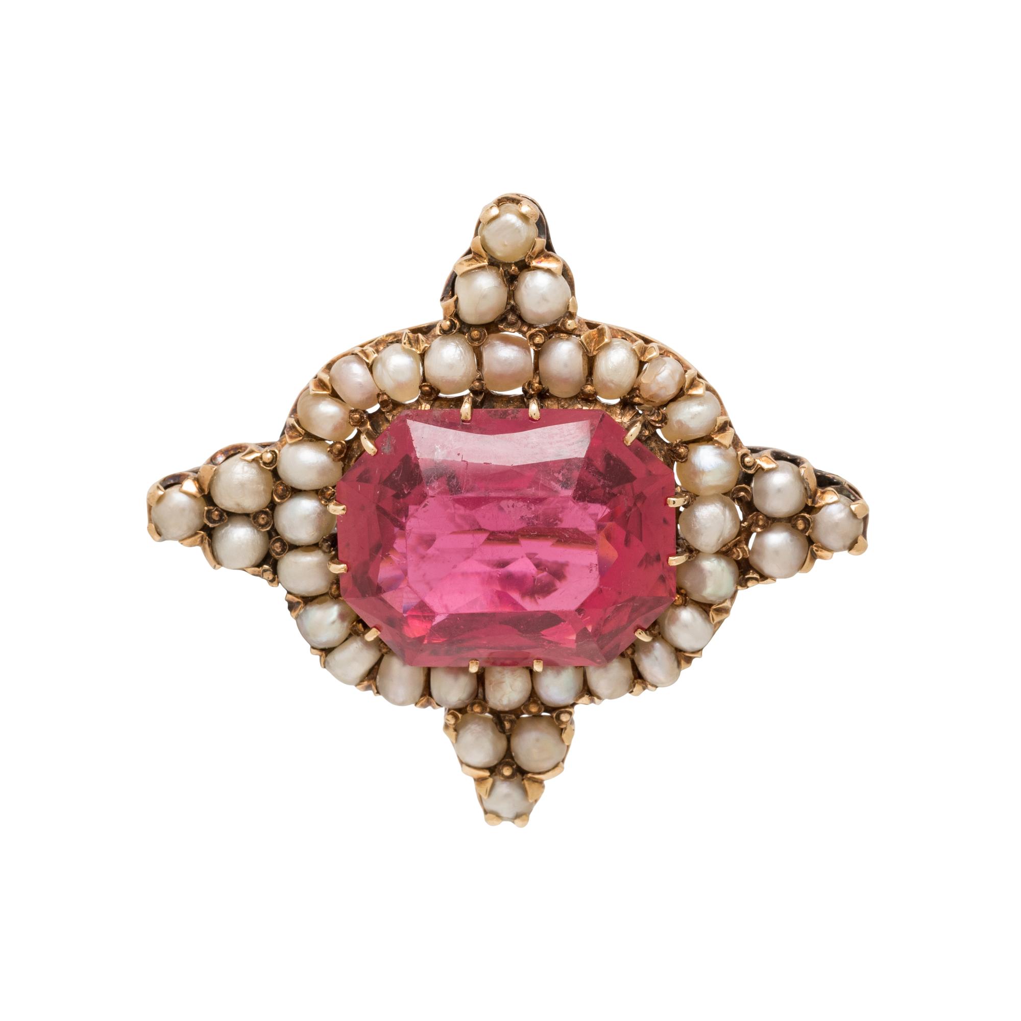 ANTIQUE, PINK TOURMALINE AND SEED PEARL BROOCH