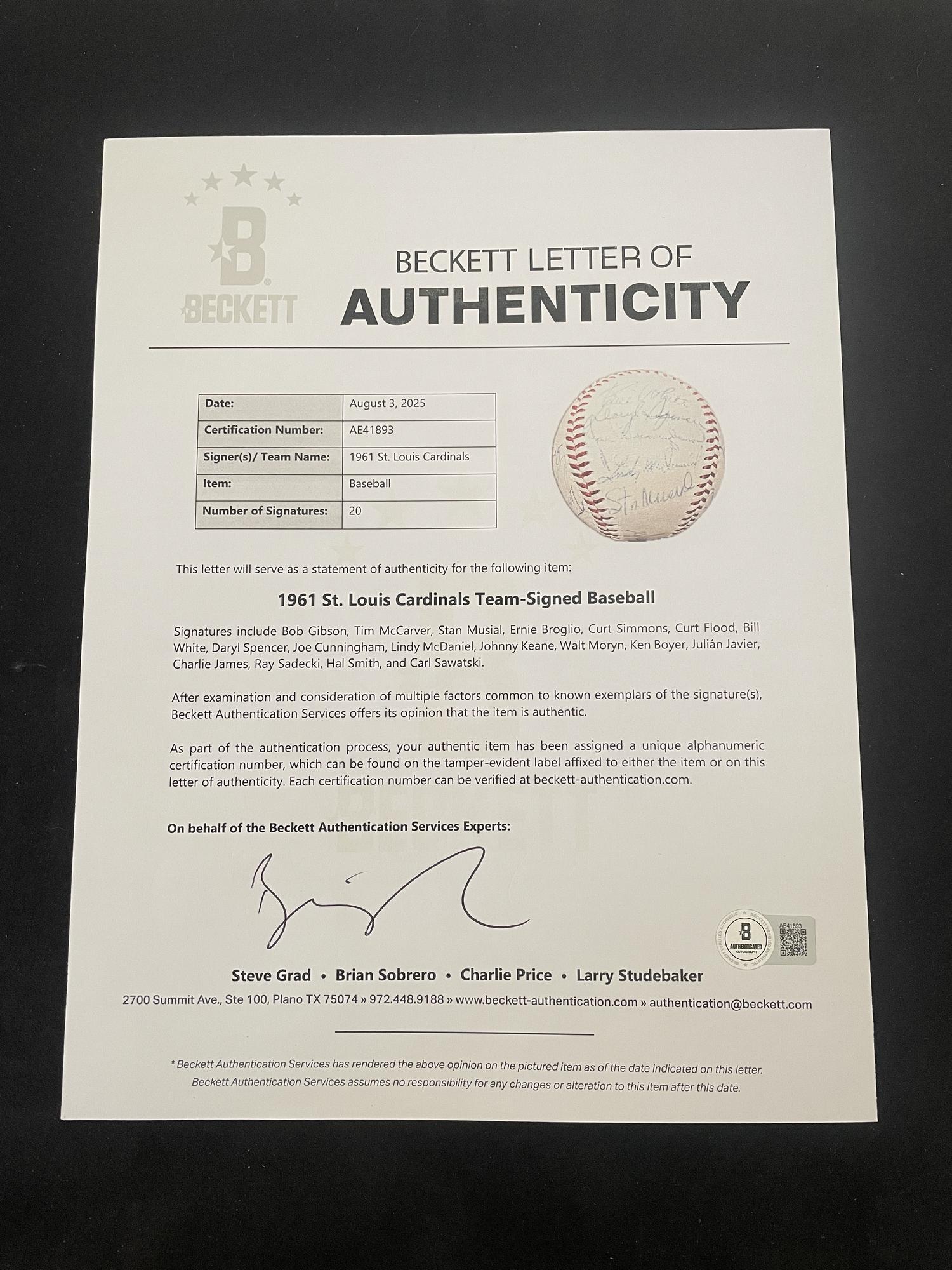 A 1961 St. Louis Cardinals Team Signed Autograph Baseball (Beckett Authentication Services)