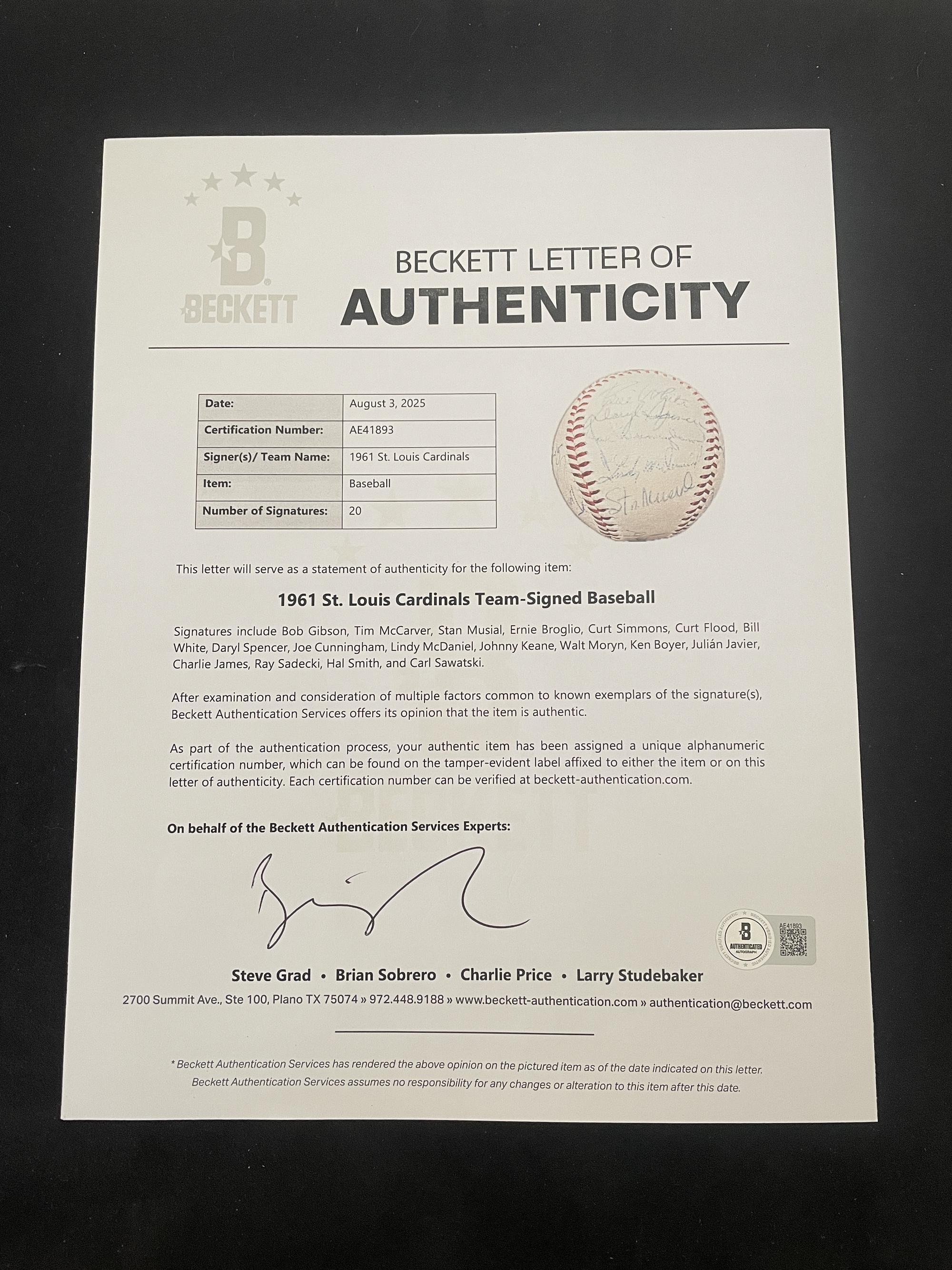 A 1961 St. Louis Cardinals Team Signed Autograph Baseball (Beckett Authentication Services)