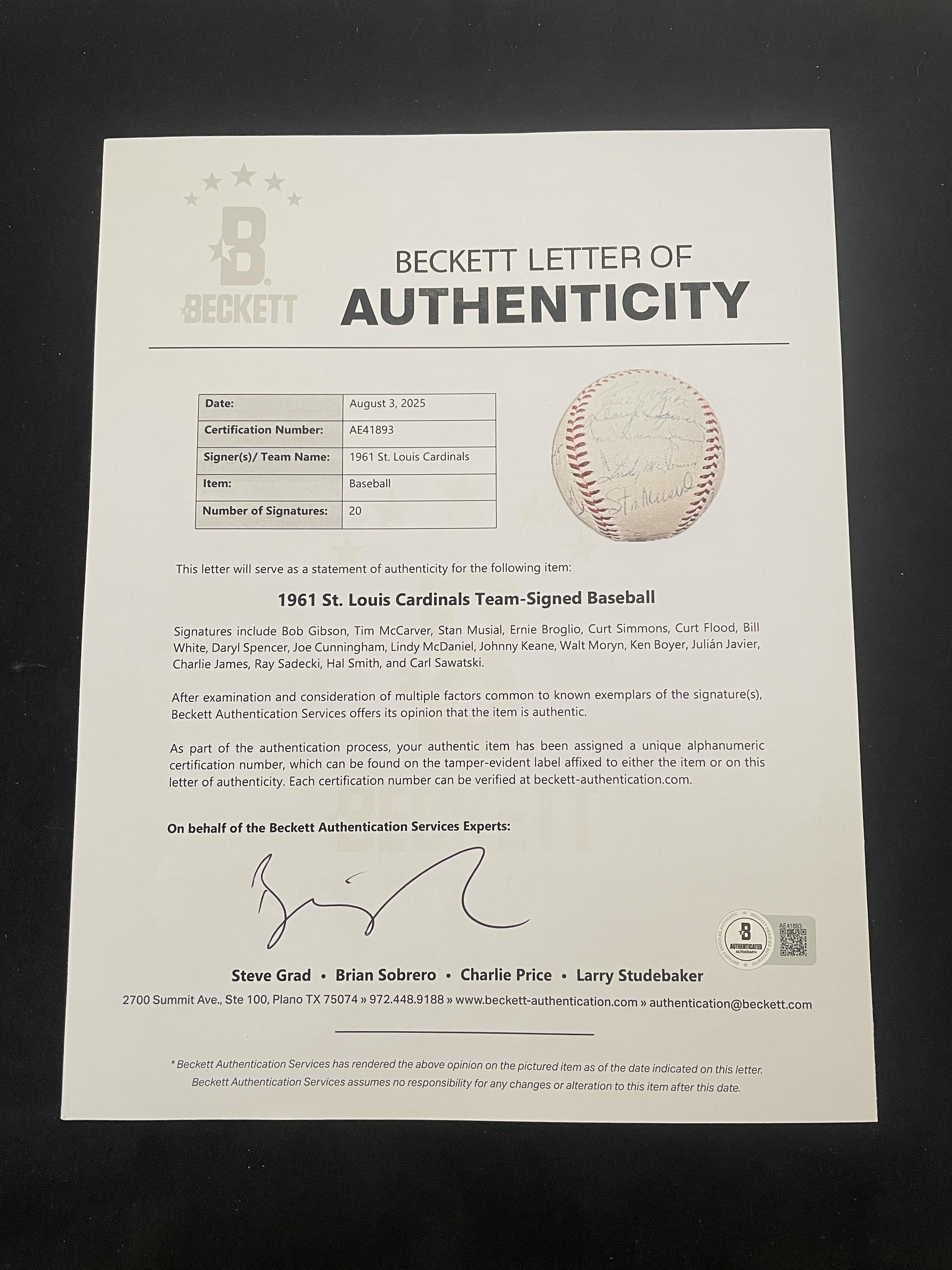 A 1961 St. Louis Cardinals Team Signed Autograph Baseball (Beckett Authentication Services)
