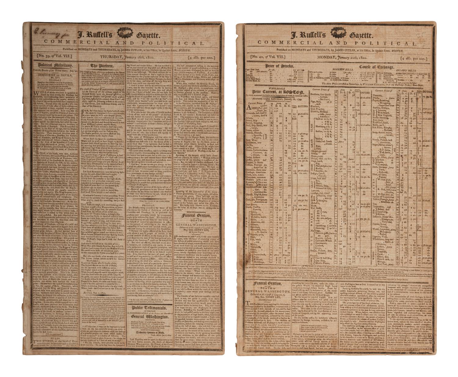 [WASHINGTON, George (1732-1799)]. J. Russell’s Gazette. Vol. VII, Nos. 39-40. Boston, MA: James Cutler, 16 and 20 January 1800. Funeral Oration on the death of George Washington published in 2 consecutive issues.