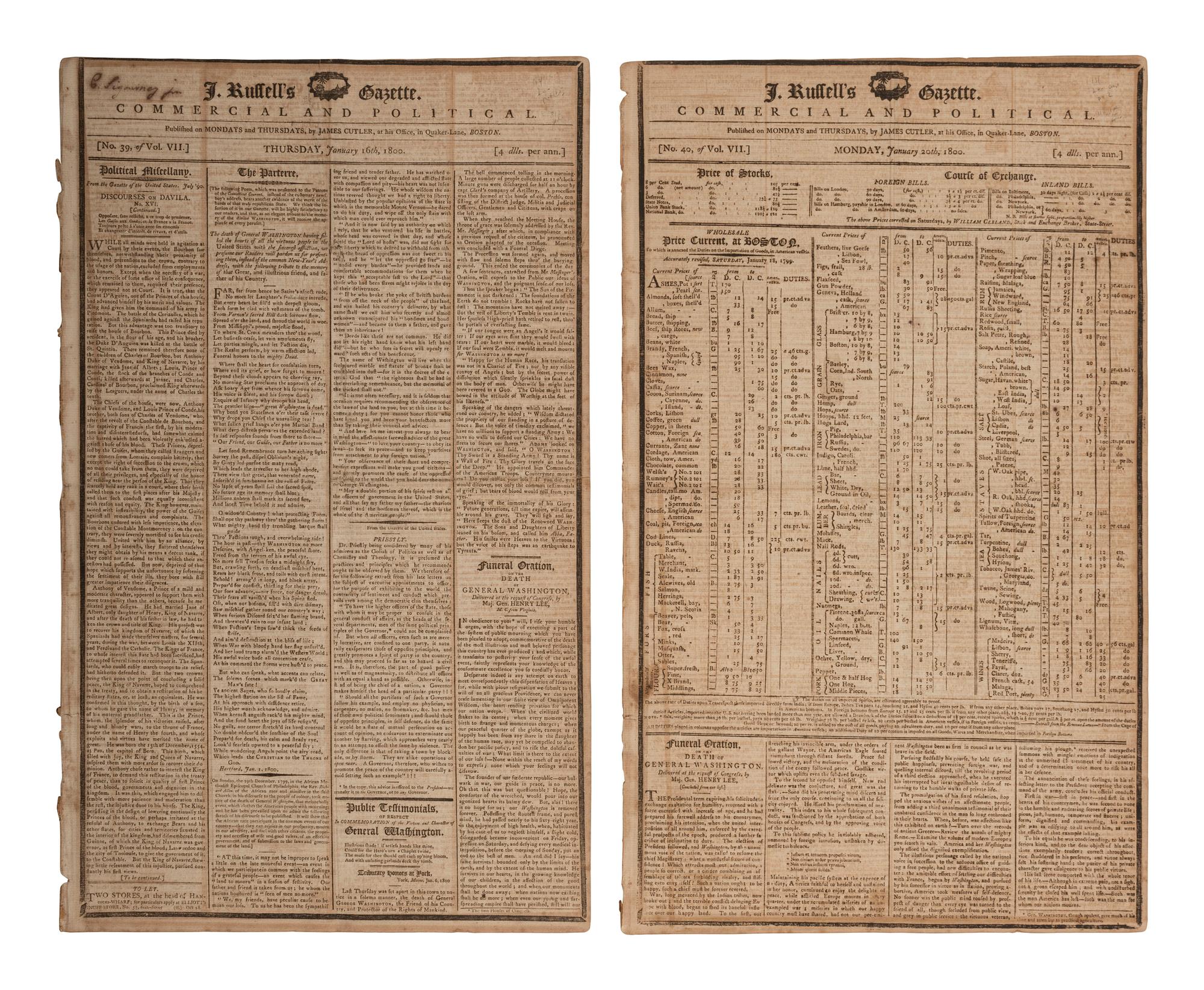 [WASHINGTON, George (1732-1799)]. J. Russell’s Gazette. Vol. VII, Nos. 39-40. Boston, MA: James Cutler, 16 and 20 January 1800. Funeral Oration on the death of George Washington published in 2 consecutive issues.