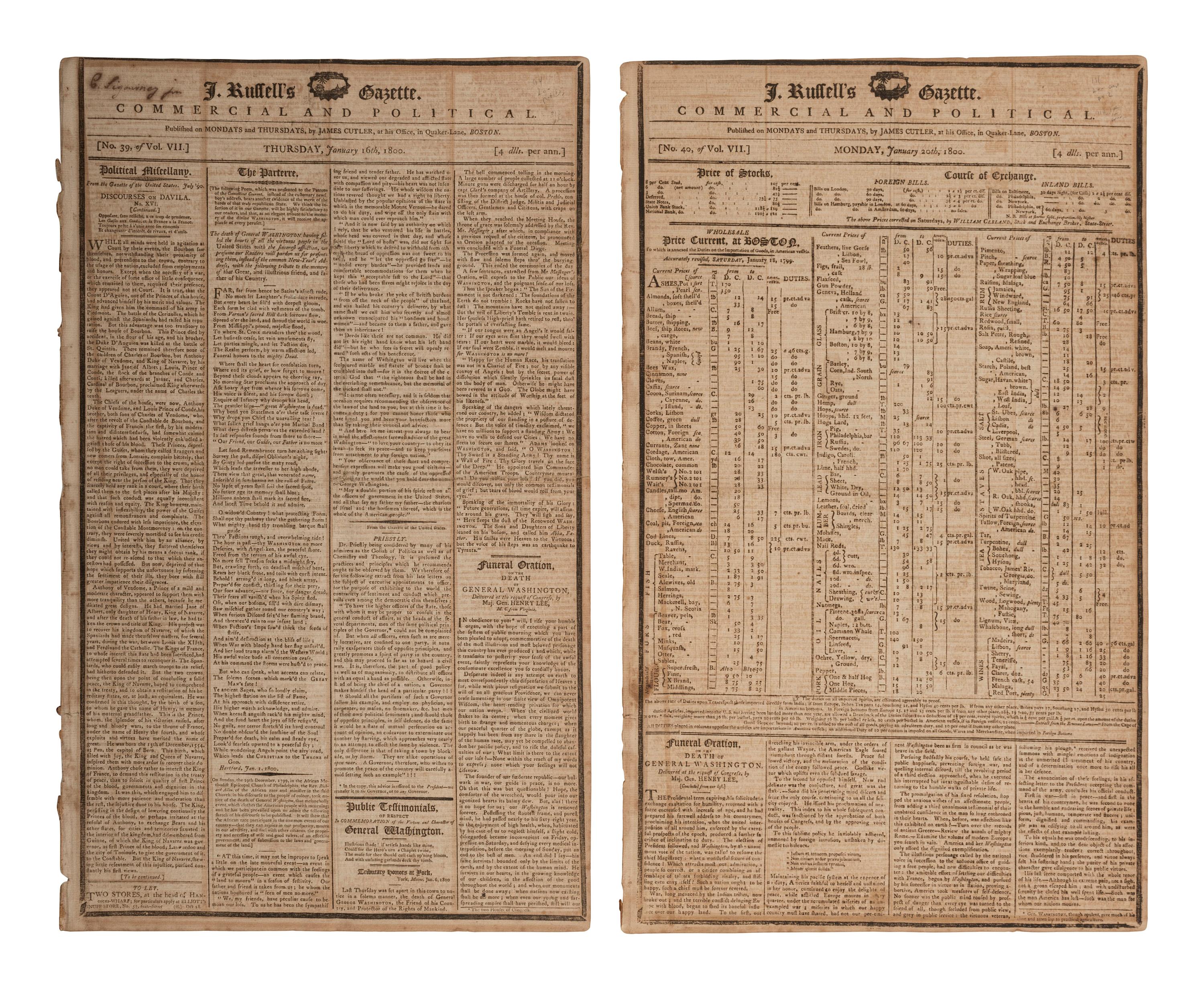 [WASHINGTON, George (1732-1799)]. J. Russell’s Gazette. Vol. VII, Nos. 39-40. Boston, MA: James Cutler, 16 and 20 January 1800. Funeral Oration on the death of George Washington published in 2 consecutive issues.
