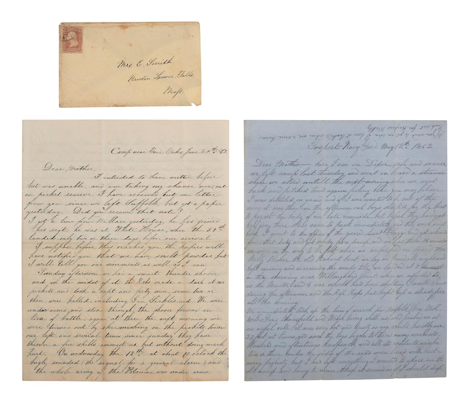 [CIVIL WAR]. 5 letters written by Corporal Asa D. Smith, 16th Mass. Infantry, WIA at the Battle of Glendale. April-July 1862. Featuring content from the Peninsula Campaign and Smith's recovery from a shocking facial wound.