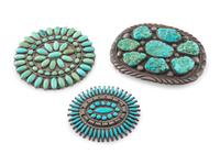 Pair of Zuni Petit Point Turquoise Brooches AND Navajo Silver and Turquoise Belt Buckle