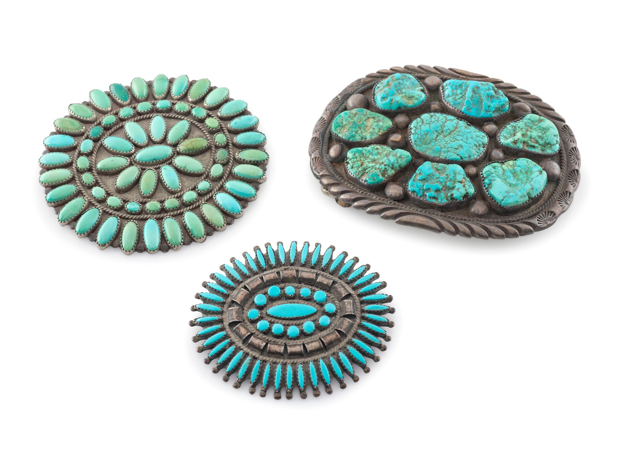 Pair of Zuni Petit Point Turquoise Brooches AND Navajo Silver and Turquoise Belt Buckle