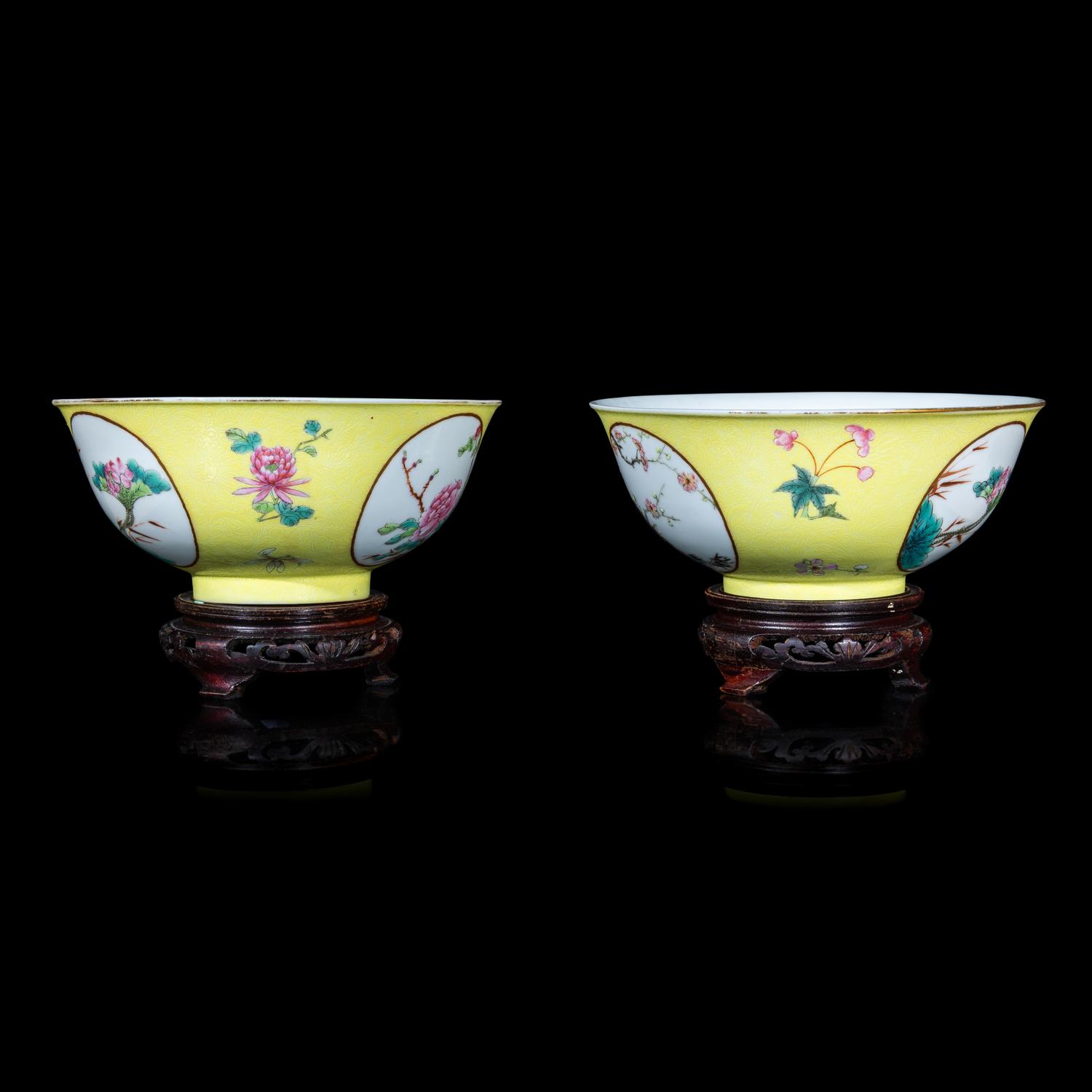 A Pair of Chinese Sgraffito Ground Yellow Glazed Famille Rose Porcelain 'Floral' Bowls, Late 19th/early 20th Century 晚清/民國 黃地軋道開光花卉紋碗一對