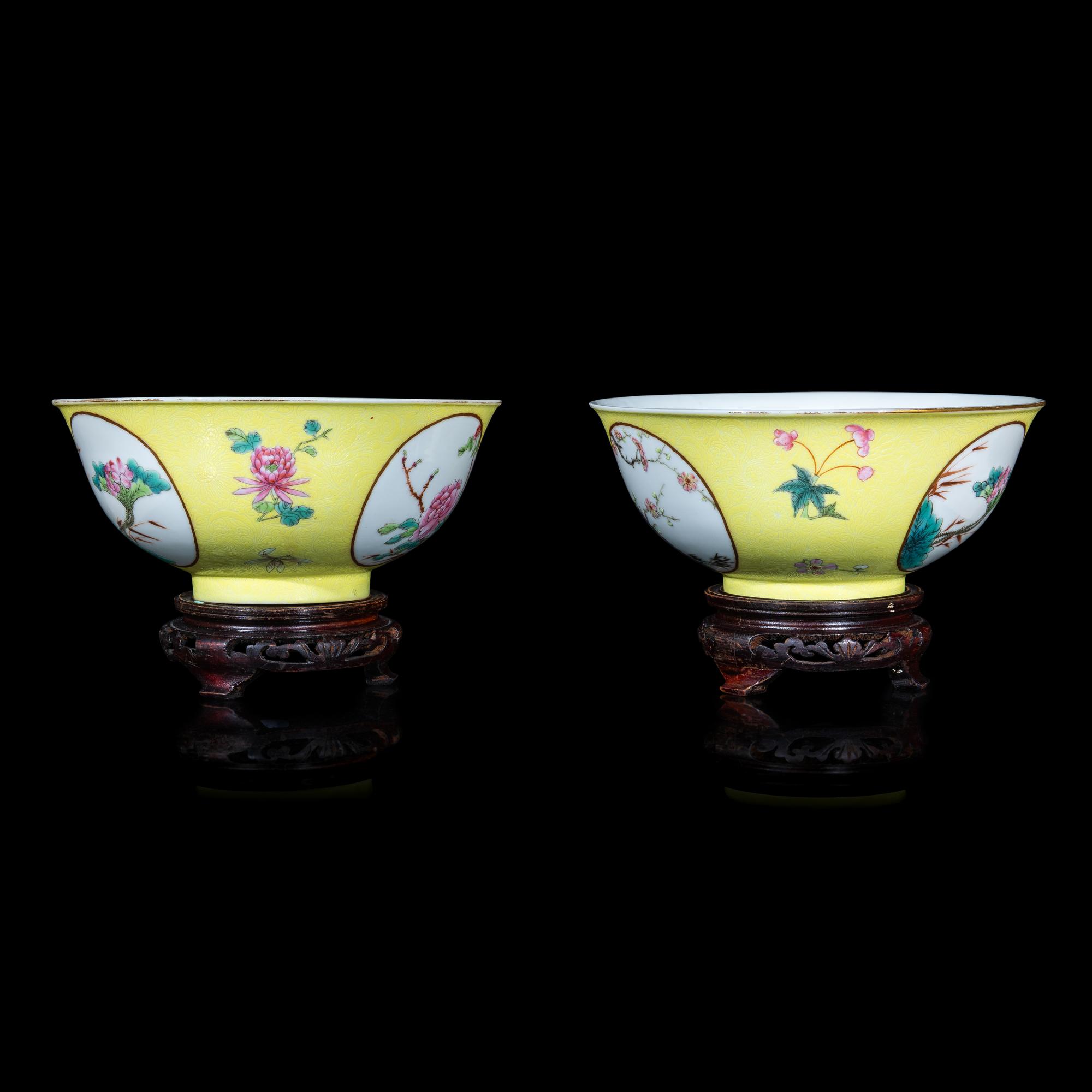 A Pair of Chinese Sgraffito Ground Yellow Glazed Famille Rose Porcelain 'Floral' Bowls, Late 19th/early 20th Century 晚清/民國 黃地軋道開光花卉紋碗一對