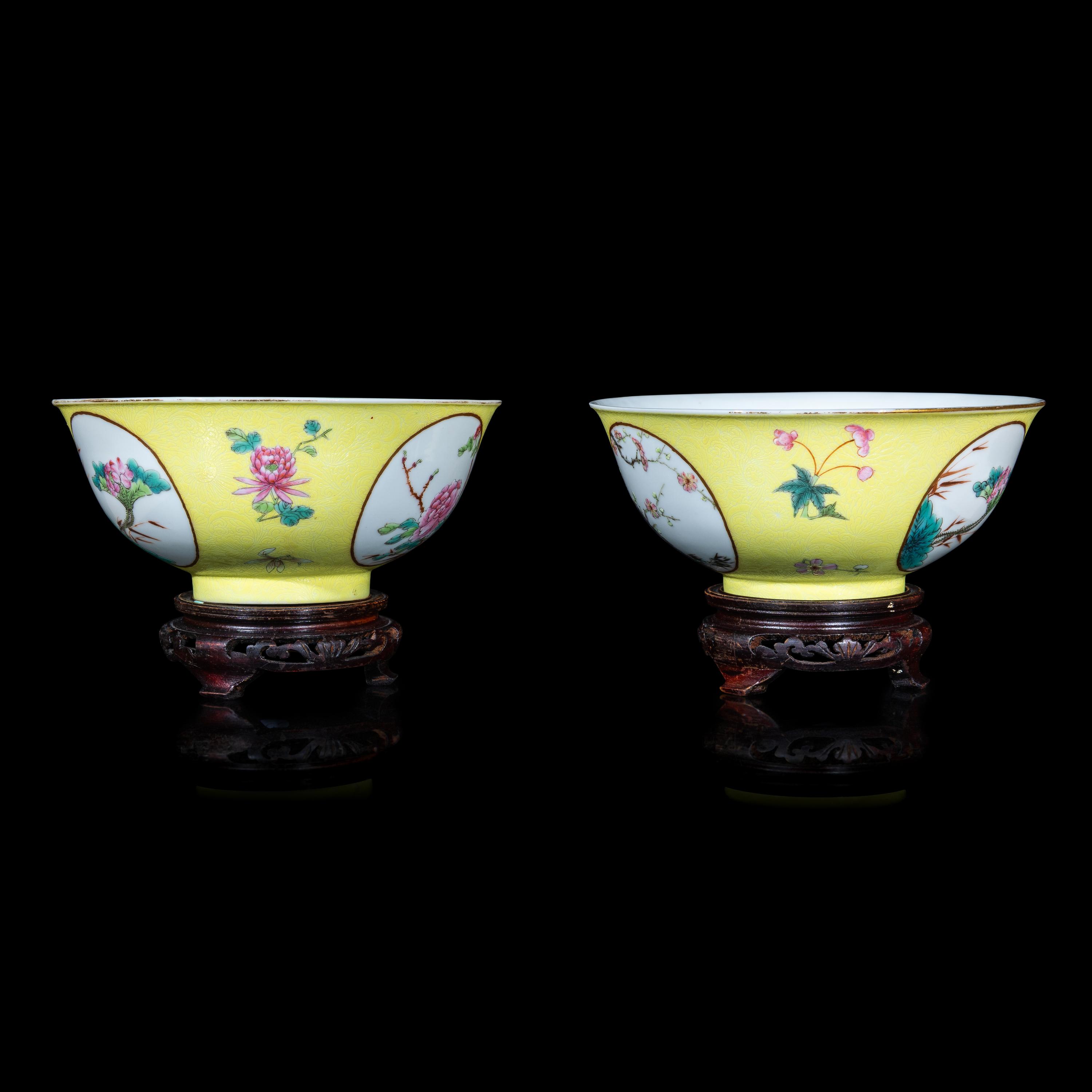 A Pair of Chinese Sgraffito Ground Yellow Glazed Famille Rose Porcelain 'Floral' Bowls, Late 19th/early 20th Century 晚清/民國 黃地軋道開光花卉紋碗一對