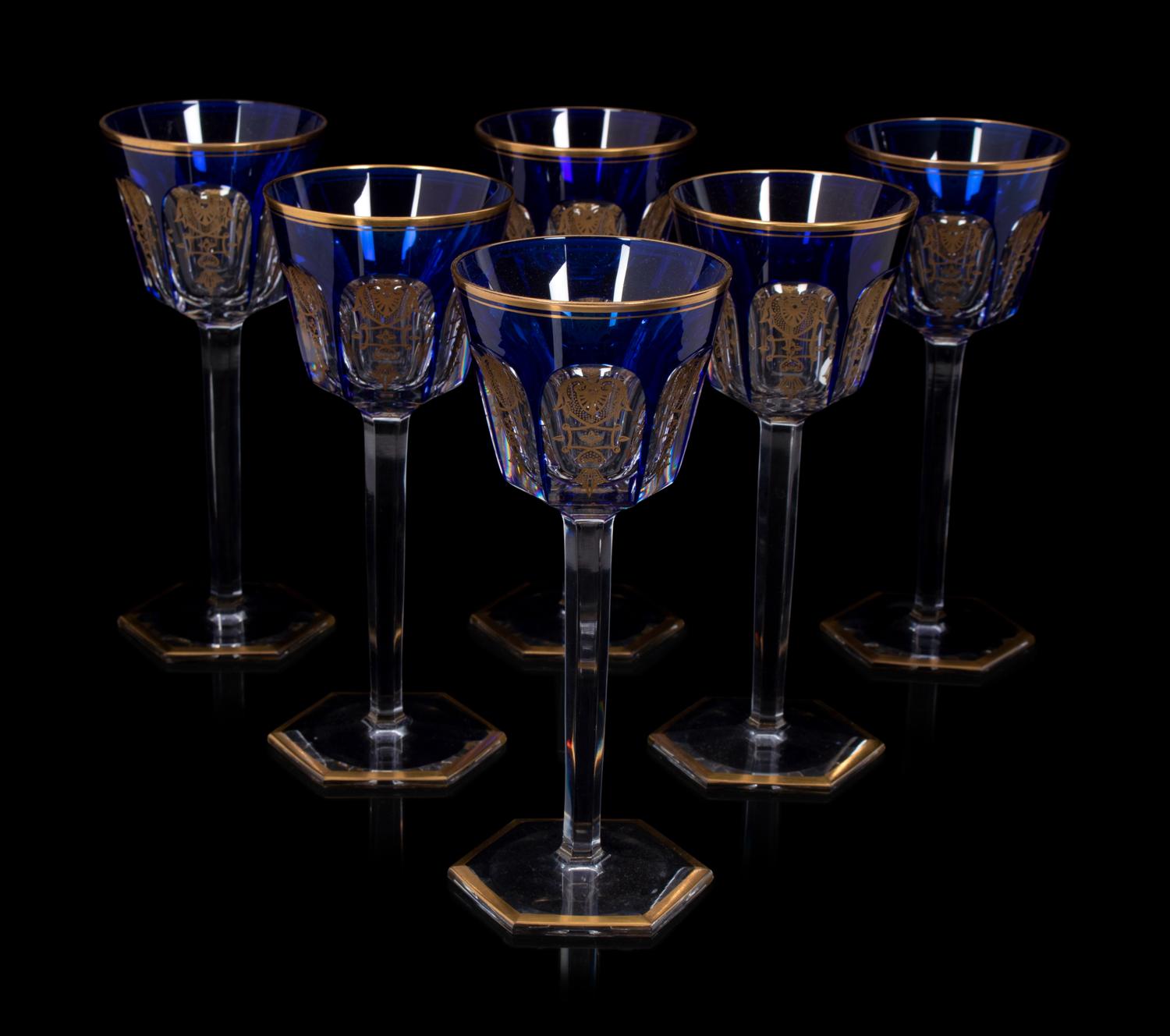 A Set of Fourteen Baccarat Cobalt and Gilt Decorated Hock Wine Glasses