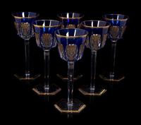 A Set of Fourteen Baccarat Cobalt and Gilt Decorated Hock Wine Glasses
