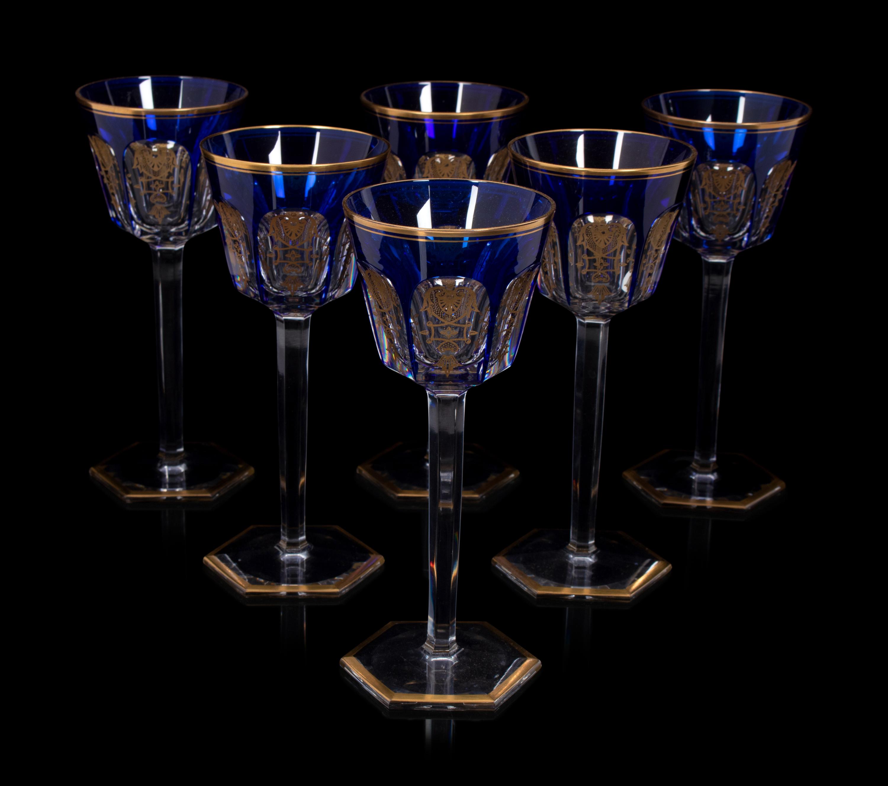 A Set of Fourteen Baccarat Cobalt and Gilt Decorated Hock Wine Glasses