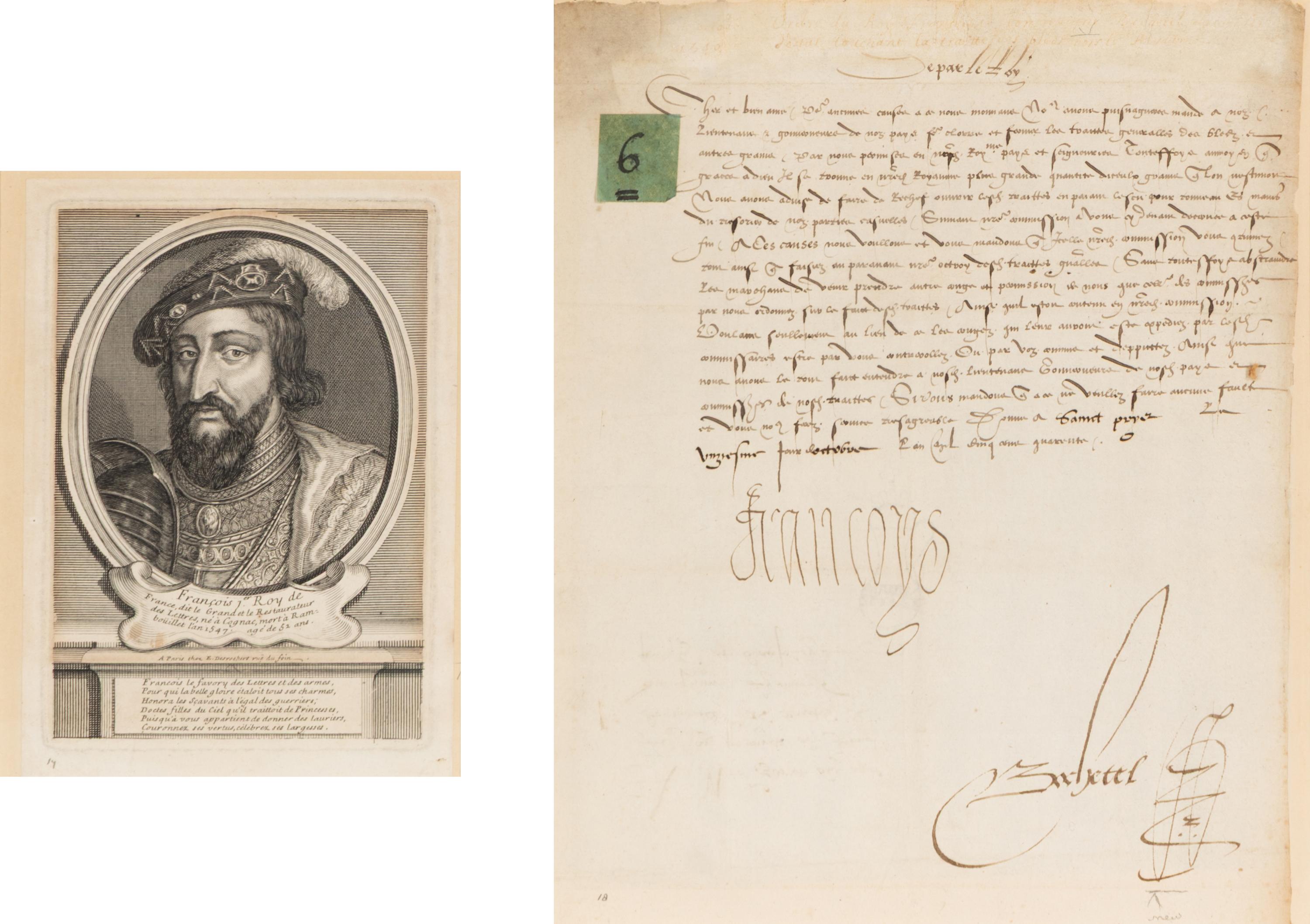 Francis I (1494-1547). Manuscript document signed ("Francoys") to Jehan Prevost, Controller, 20 October 1540.