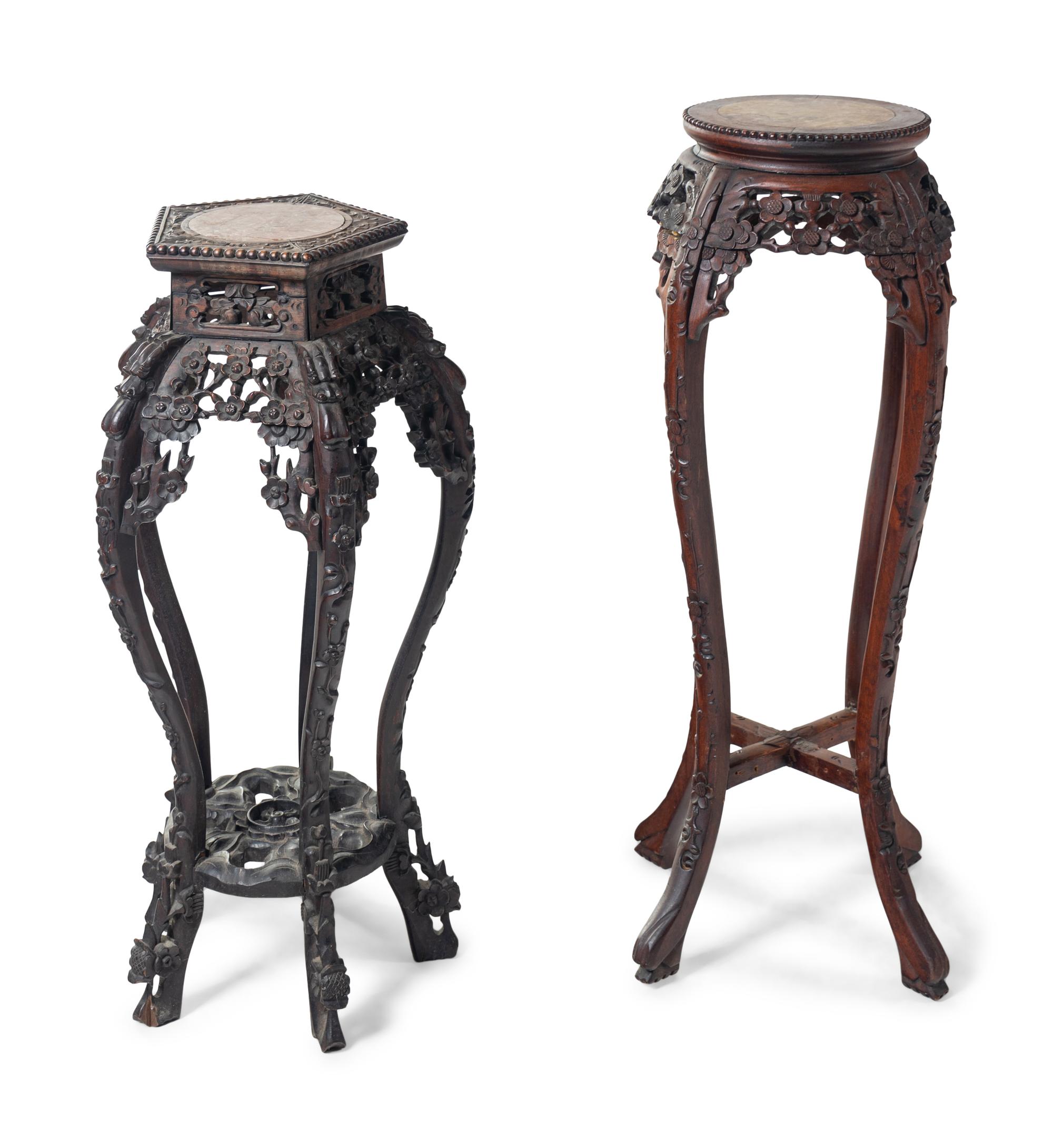 Two Chinese Export Marble Inset Rosewood Side Stands