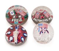 Two Union Glass Co. Flag and Flowers Commemorative Glass Paperweight, an American Flag U.S.A. Glass Paperweight and a Red, White and Blue Soldier Glass Paperweight