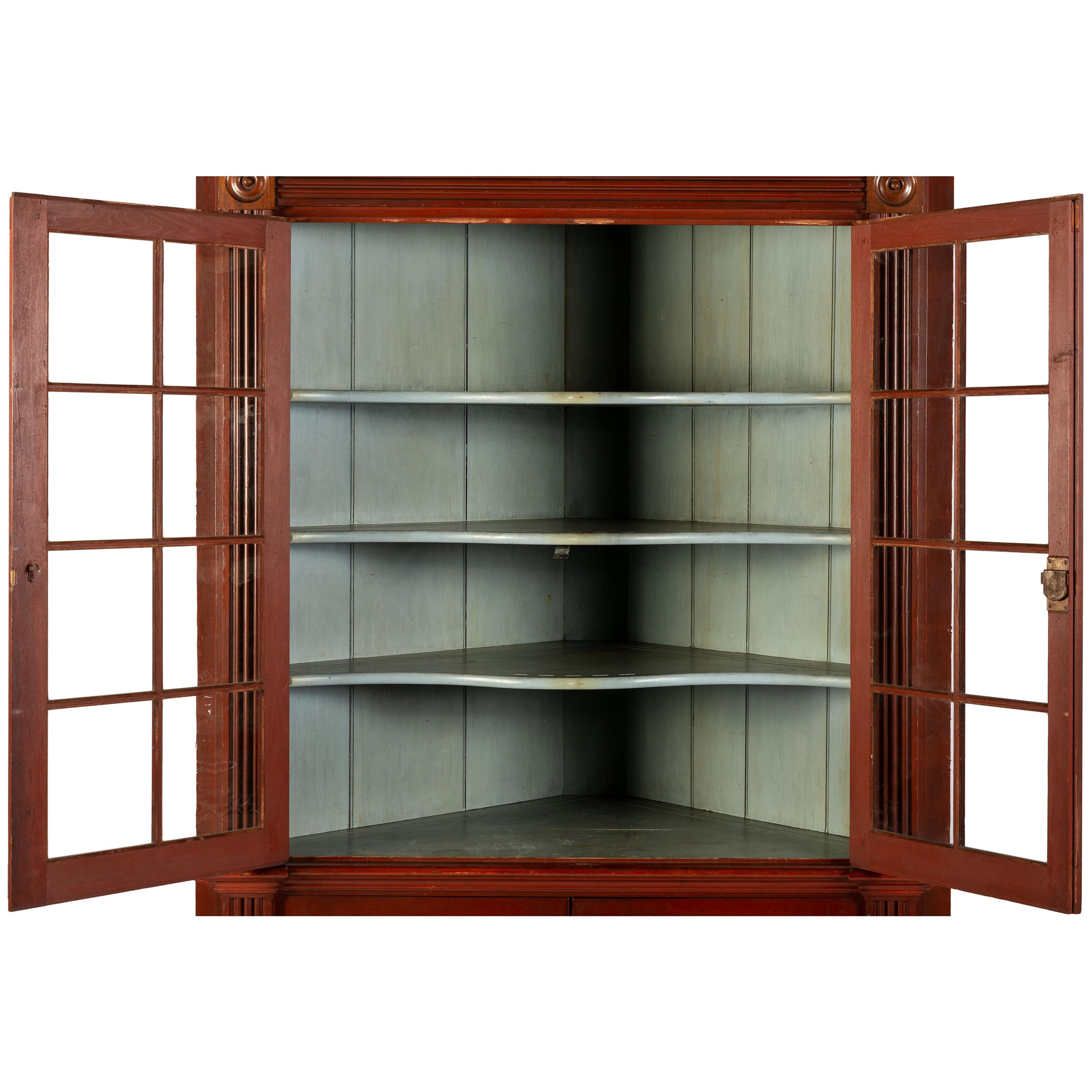 A Federal Red Painted Walnut Corner Cupboard
