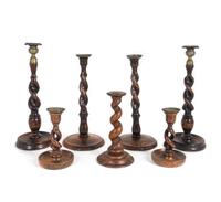 A Group of Seven English Barley-Twist Oak Candlesticks — 19TH/20TH CENTURY