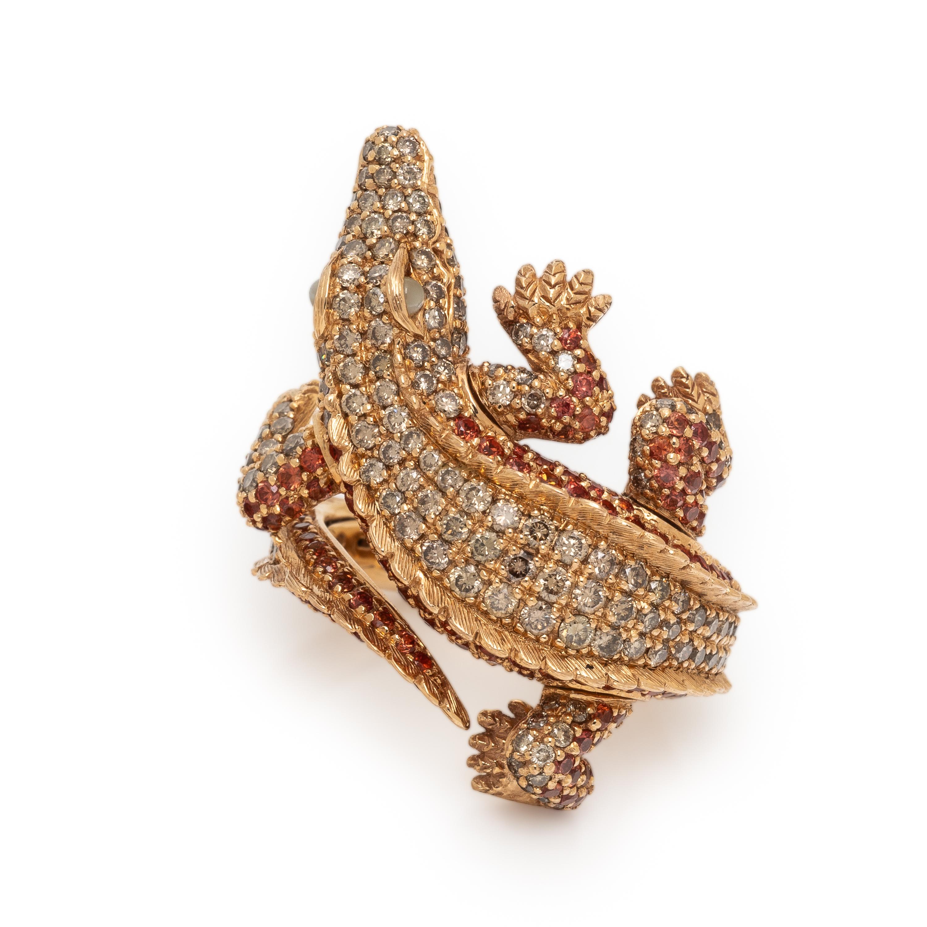 Colored Diamond, Multigem, and Rose Gold Alligator Ring