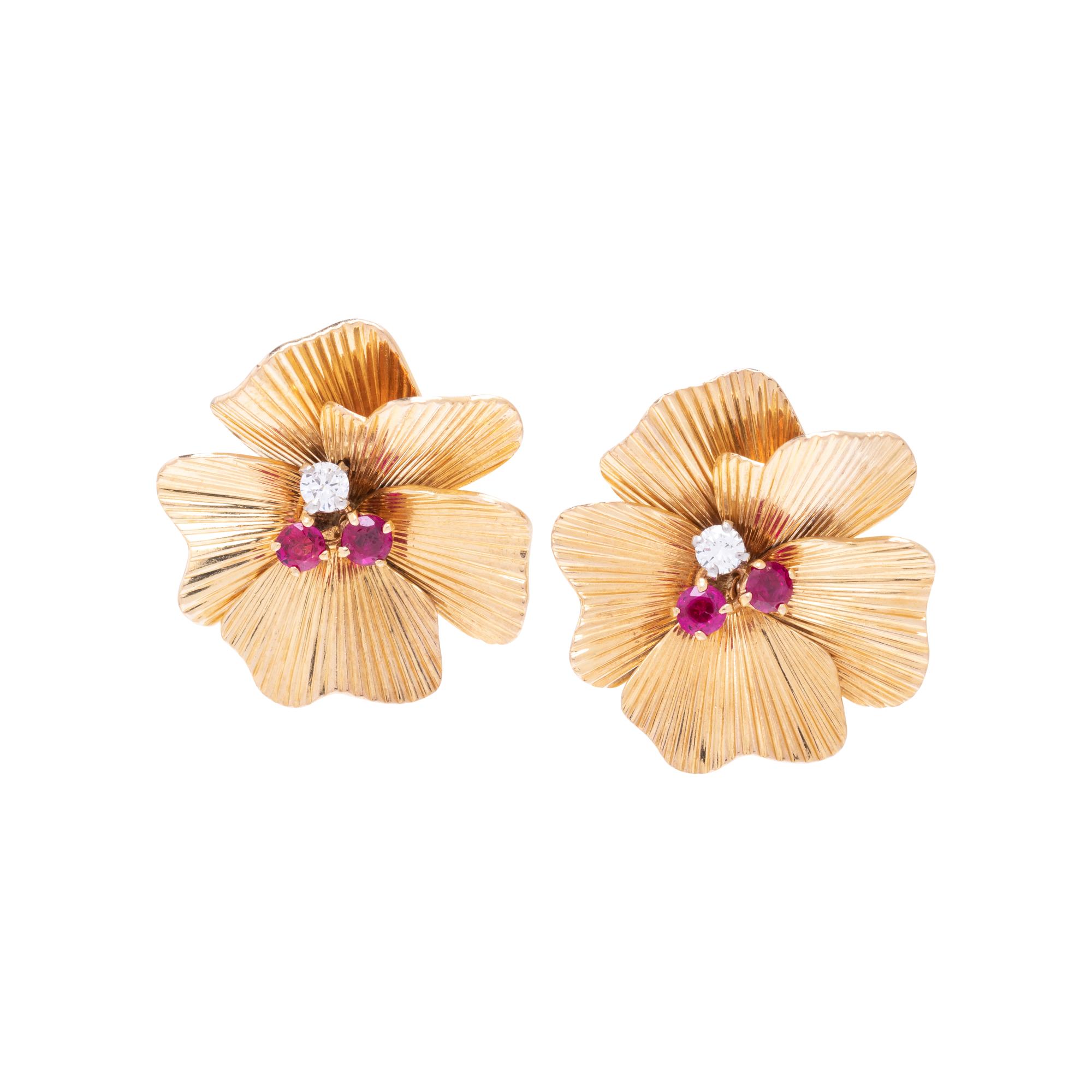 RÉGNER, FRANCE, RETRO, YELLOW GOLD, RUBY AND DIAMOND EARCLIPS