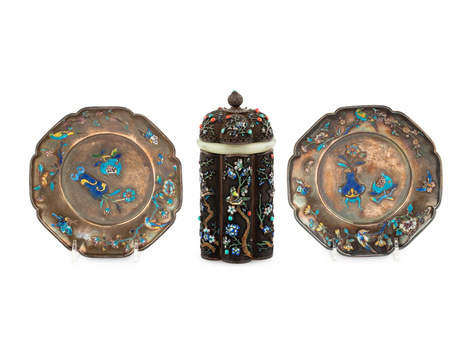 Three Chinese Enamel on Silver Articles