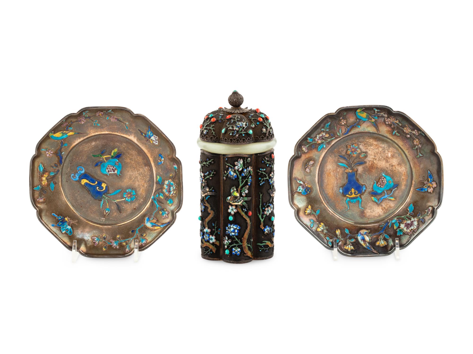 Three Chinese Enamel on Silver Articles
